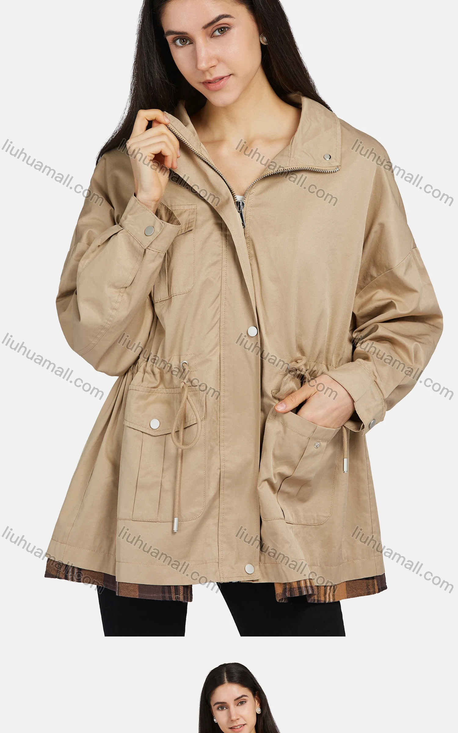 Wholesale Women's Long Sleeve Flap Pockets Drawstring Buttons Zip Up Plain Jacket - Liuhuamall
