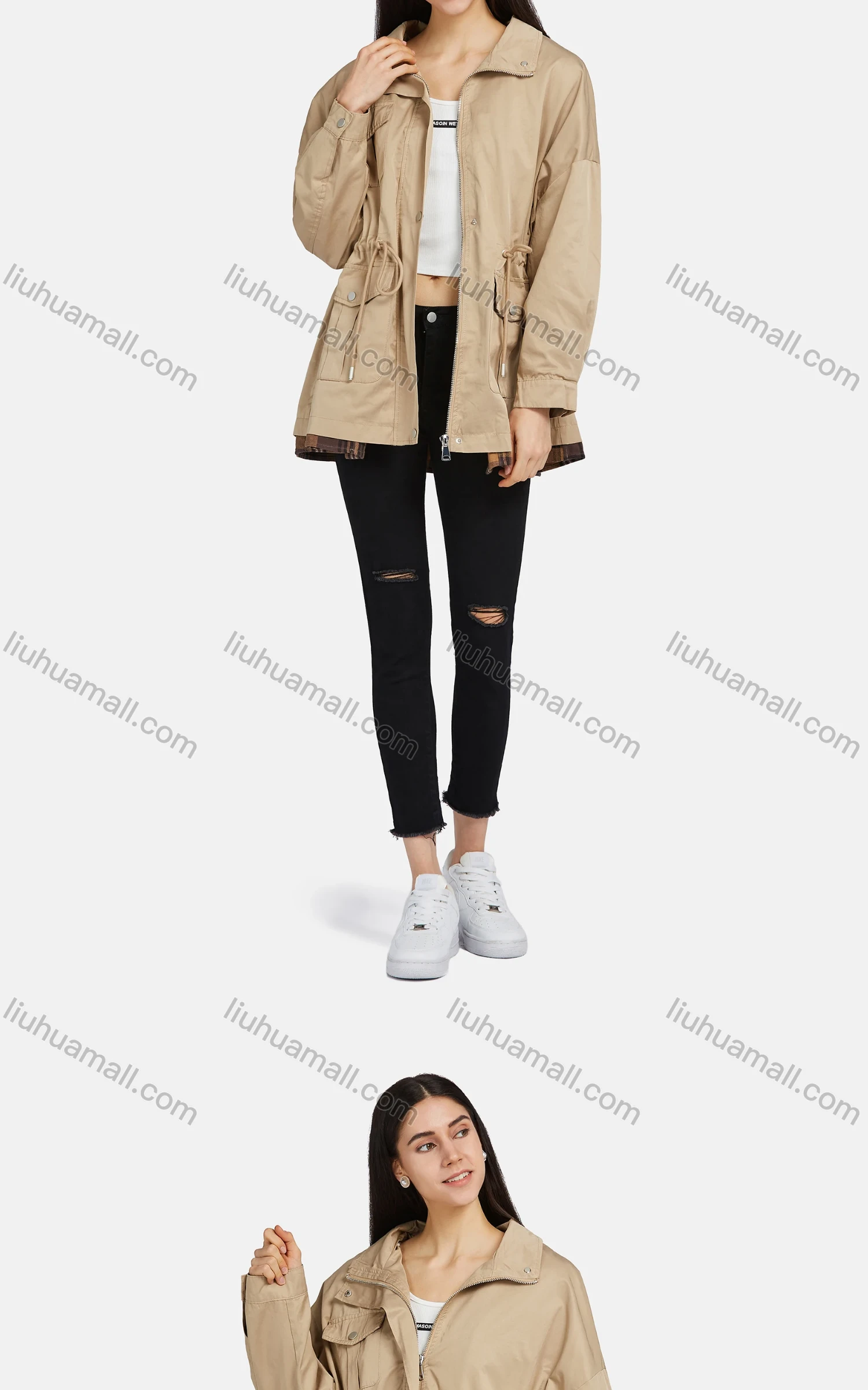 Wholesale Women's Long Sleeve Flap Pockets Drawstring Buttons Zip Up Plain Jacket - Liuhuamall