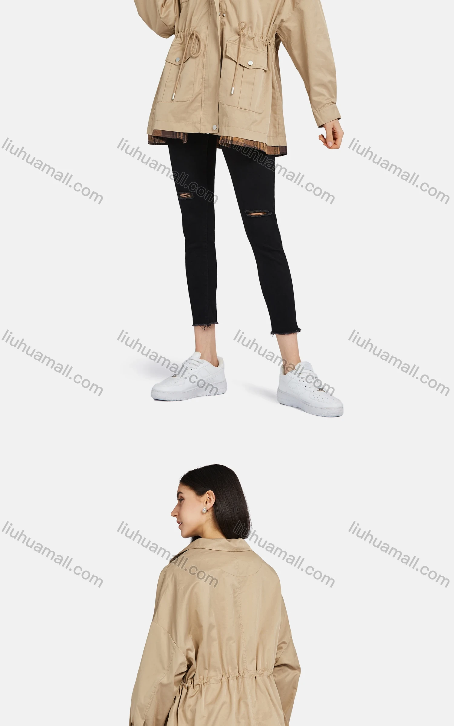 Wholesale Women's Long Sleeve Flap Pockets Drawstring Buttons Zip Up Plain Jacket - Liuhuamall