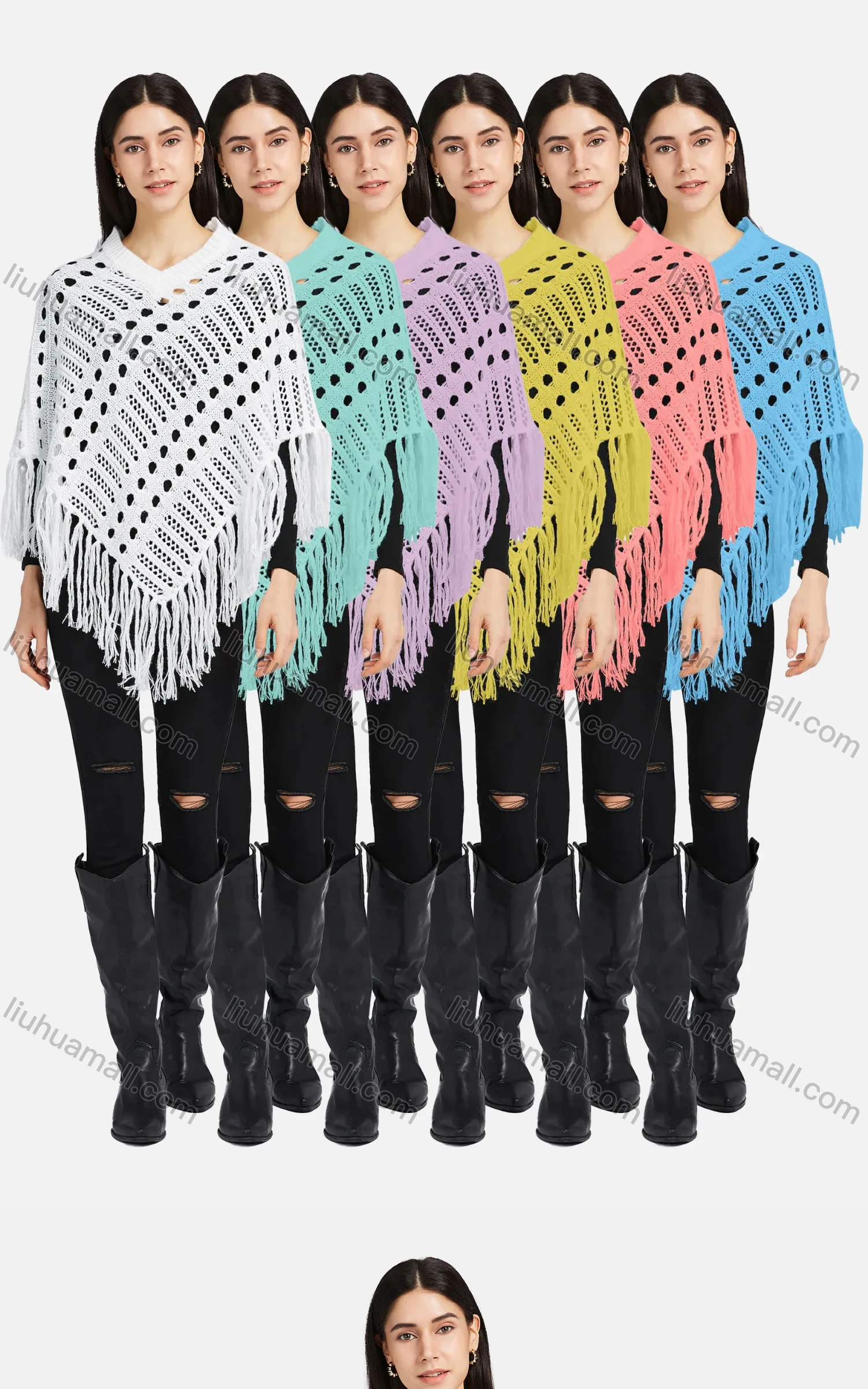 Wholesale Women's V Neck Knitted Hollow Out Fringe Trim Scarf Hem Cape - Liuhuamall