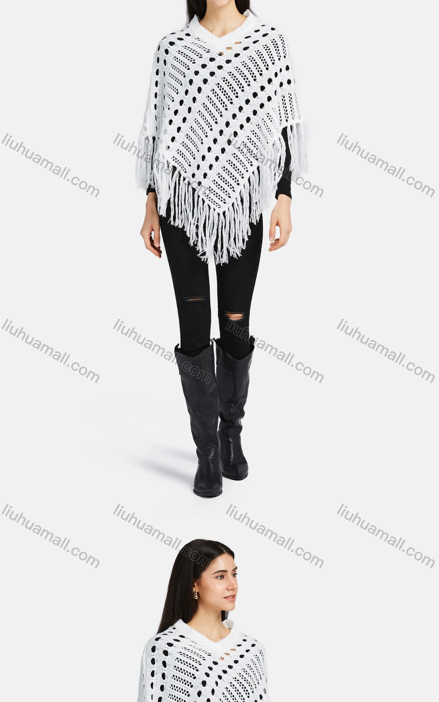 Wholesale Women's V Neck Knitted Hollow Out Fringe Trim Scarf Hem Cape - Liuhuamall