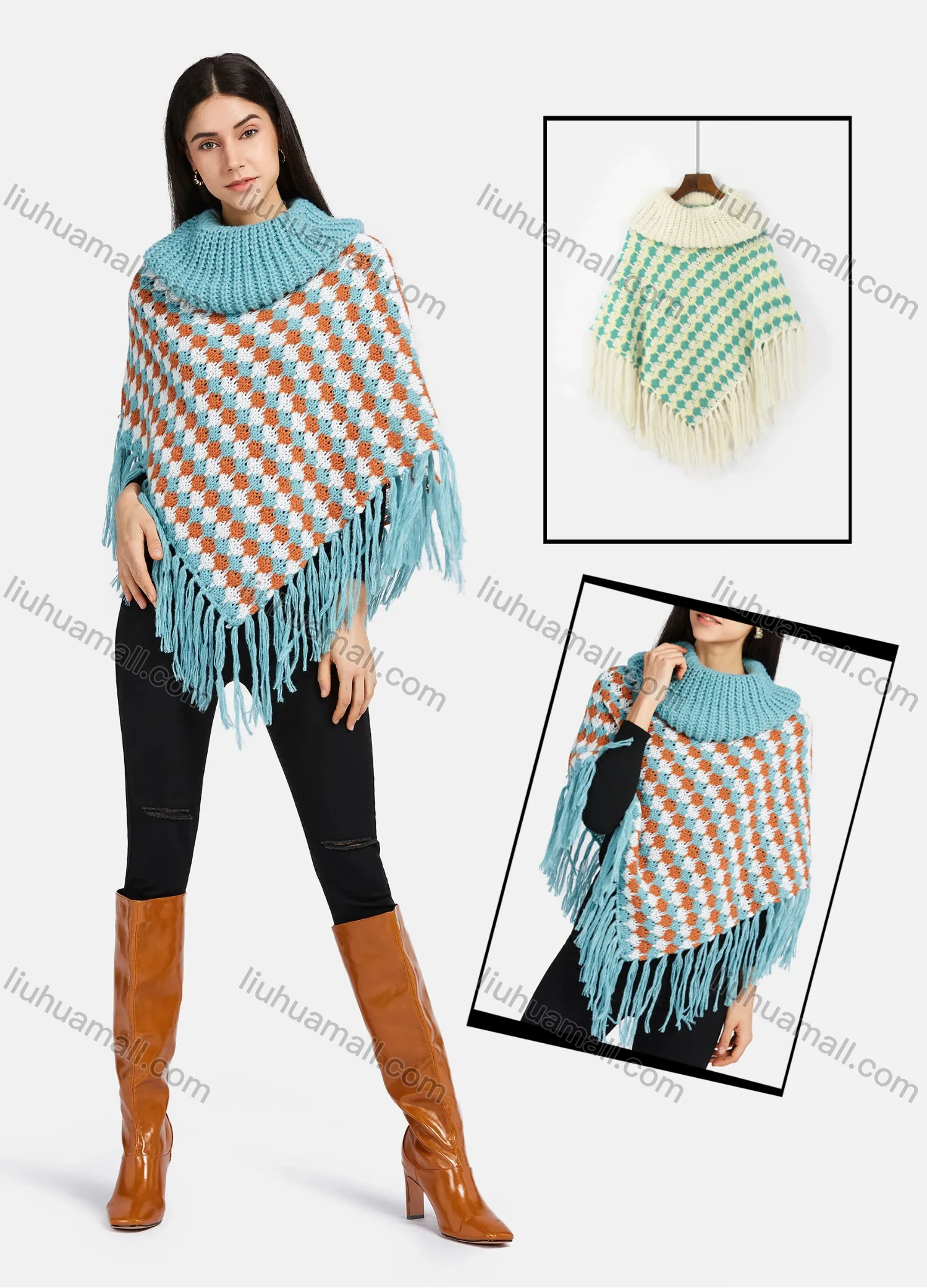 Wholesale Women's High Neck Multi-color Knitted Tassel Fringe Trim Bandana Hem Poncho - Liuhuamall