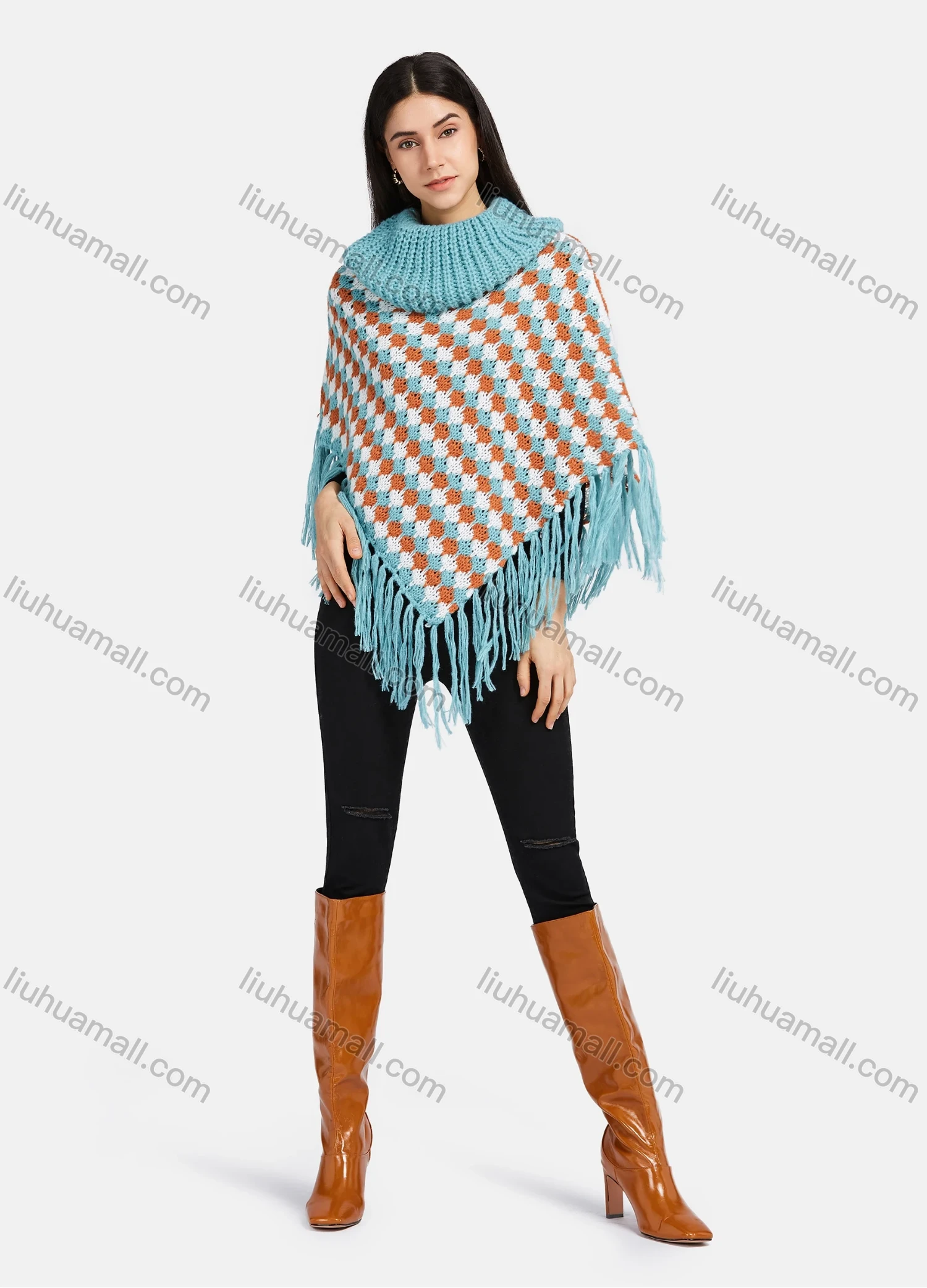 Wholesale Women's High Neck Multi-color Knitted Tassel Fringe Trim Bandana Hem Poncho - Liuhuamall