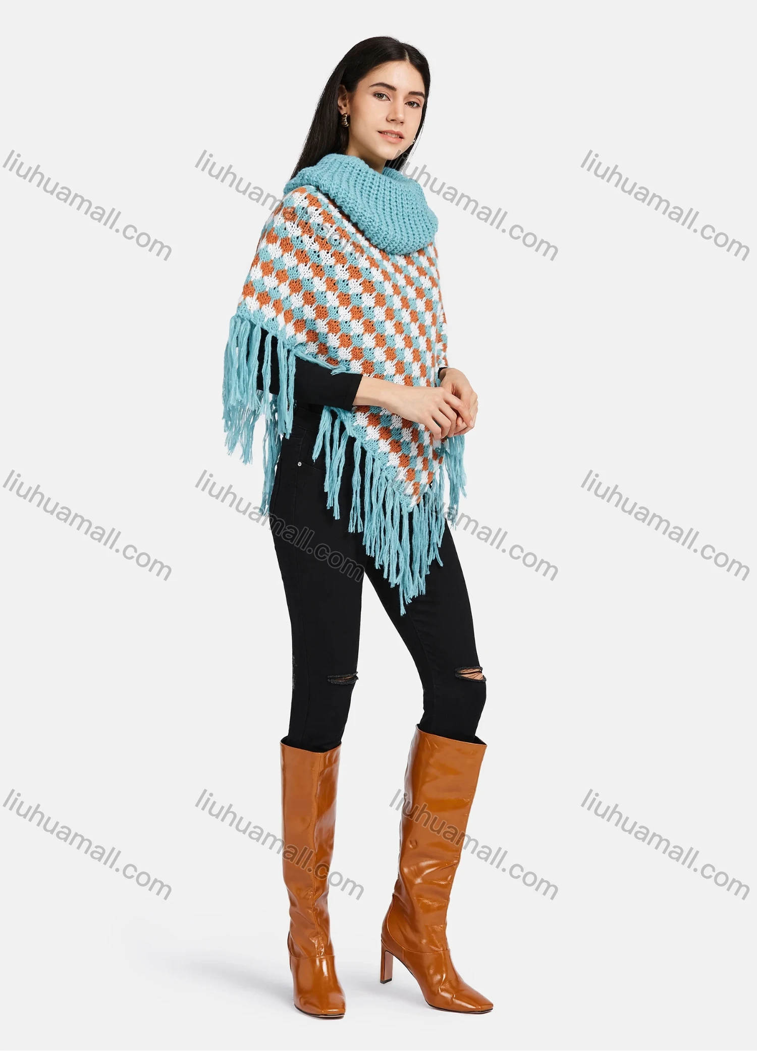 Wholesale Women's High Neck Multi-color Knitted Tassel Fringe Trim Bandana Hem Poncho - Liuhuamall