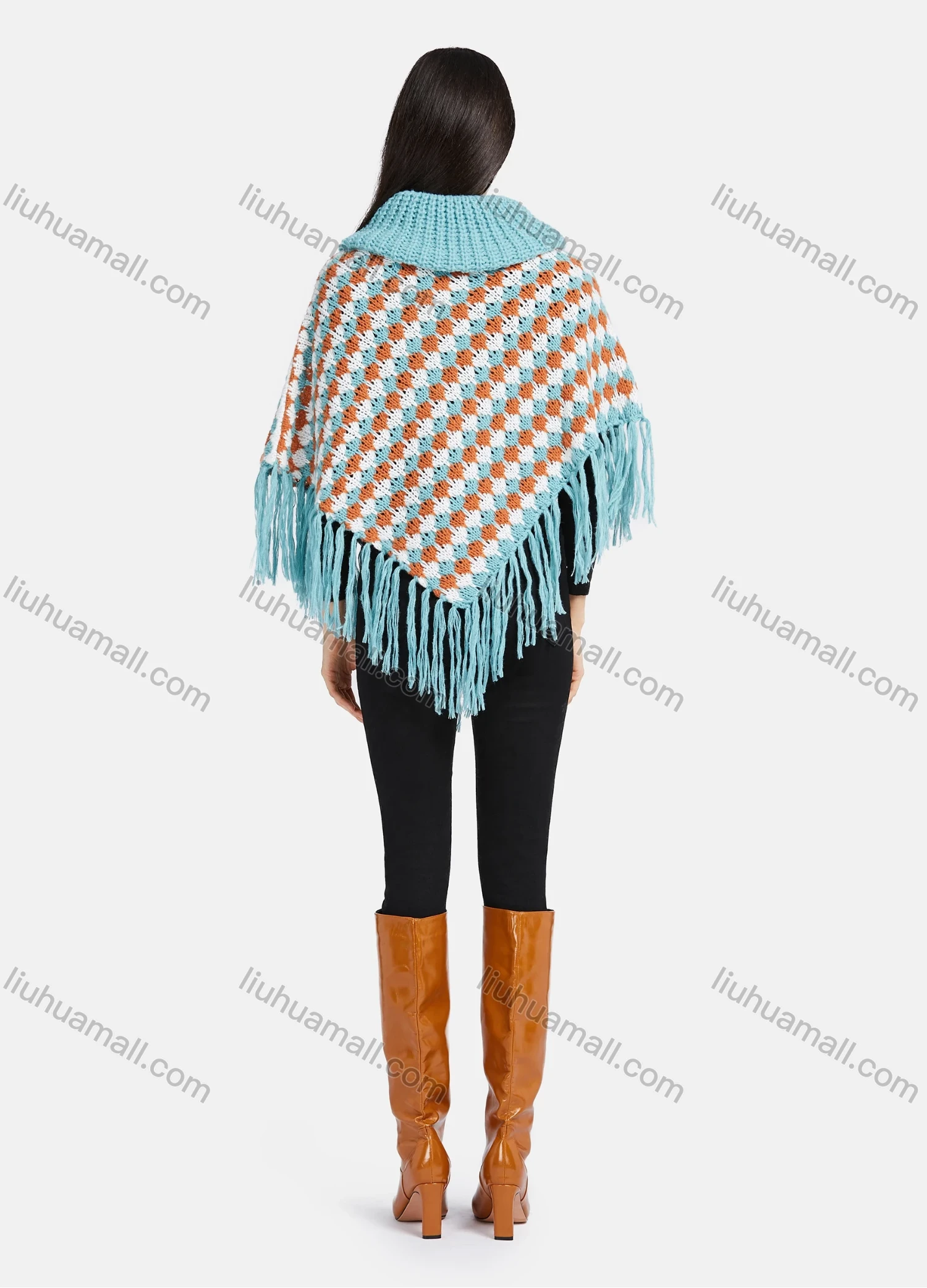 Wholesale Women's High Neck Multi-color Knitted Tassel Fringe Trim Bandana Hem Poncho - Liuhuamall