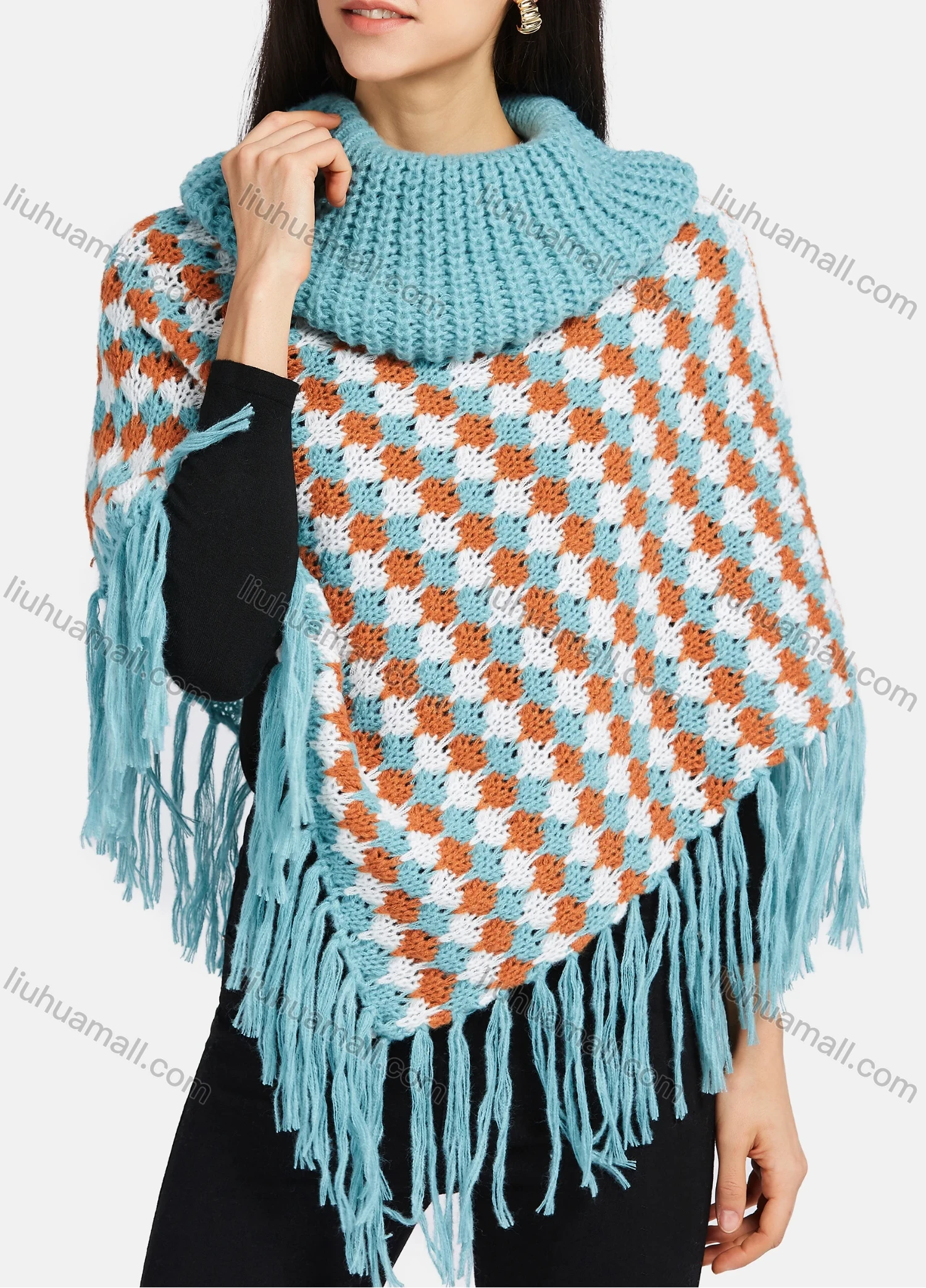 Wholesale Women's High Neck Multi-color Knitted Tassel Fringe Trim Bandana Hem Poncho - Liuhuamall
