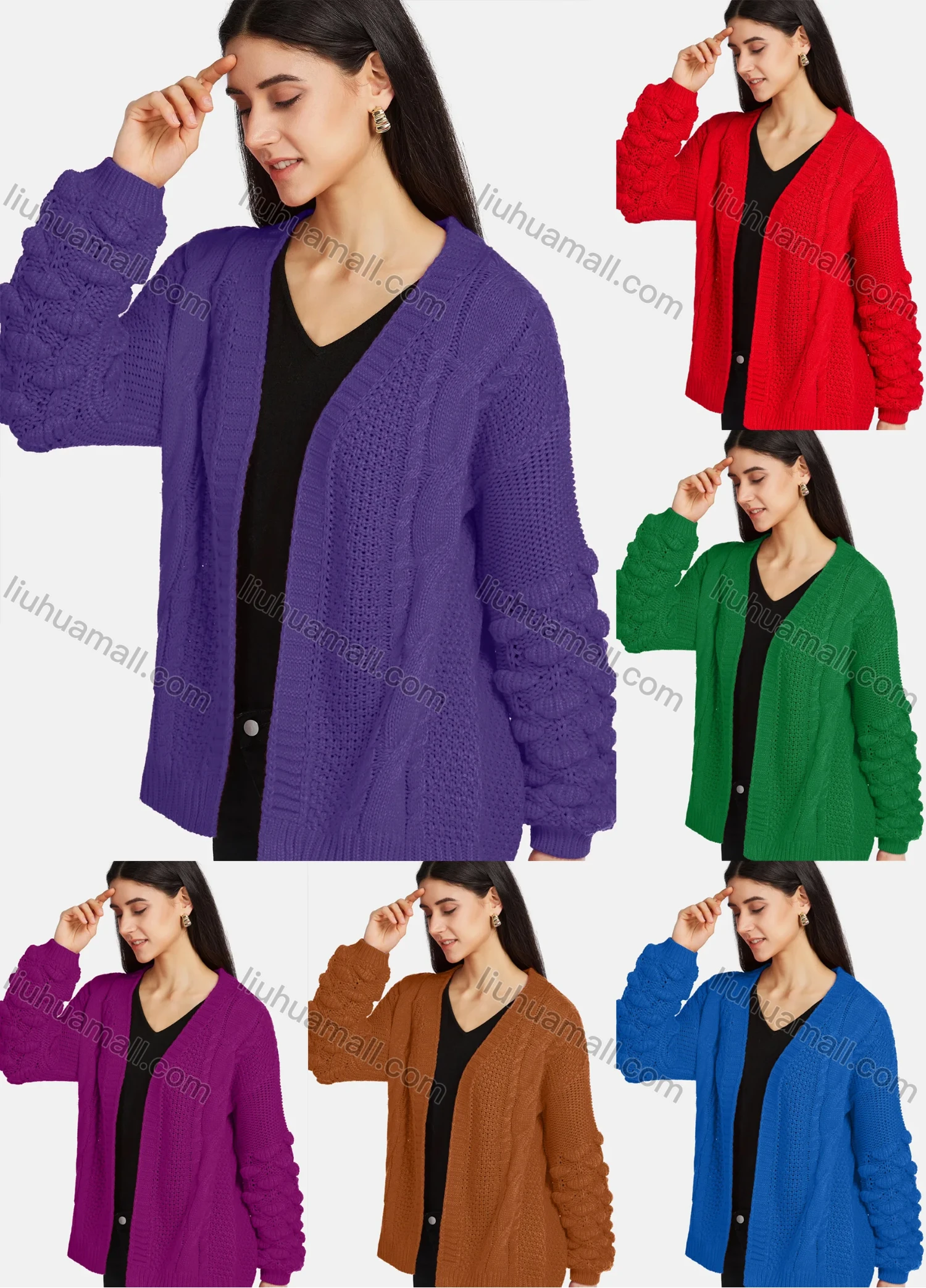 Wholesale Women's Casual Puff Sleeve Open Front Plain Cable Knit Cardigan - Liuhuamall