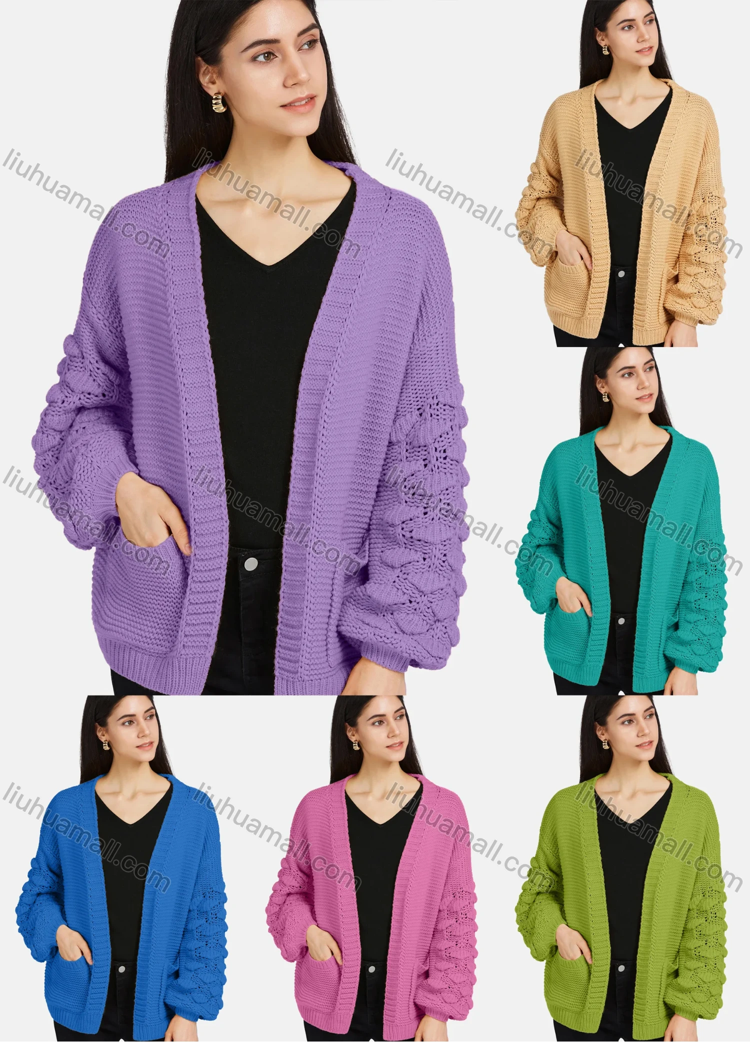 Wholesale Women's Casual Puff Sleeve Open Front Plain Chunky Knit Cardigan - Liuhuamall