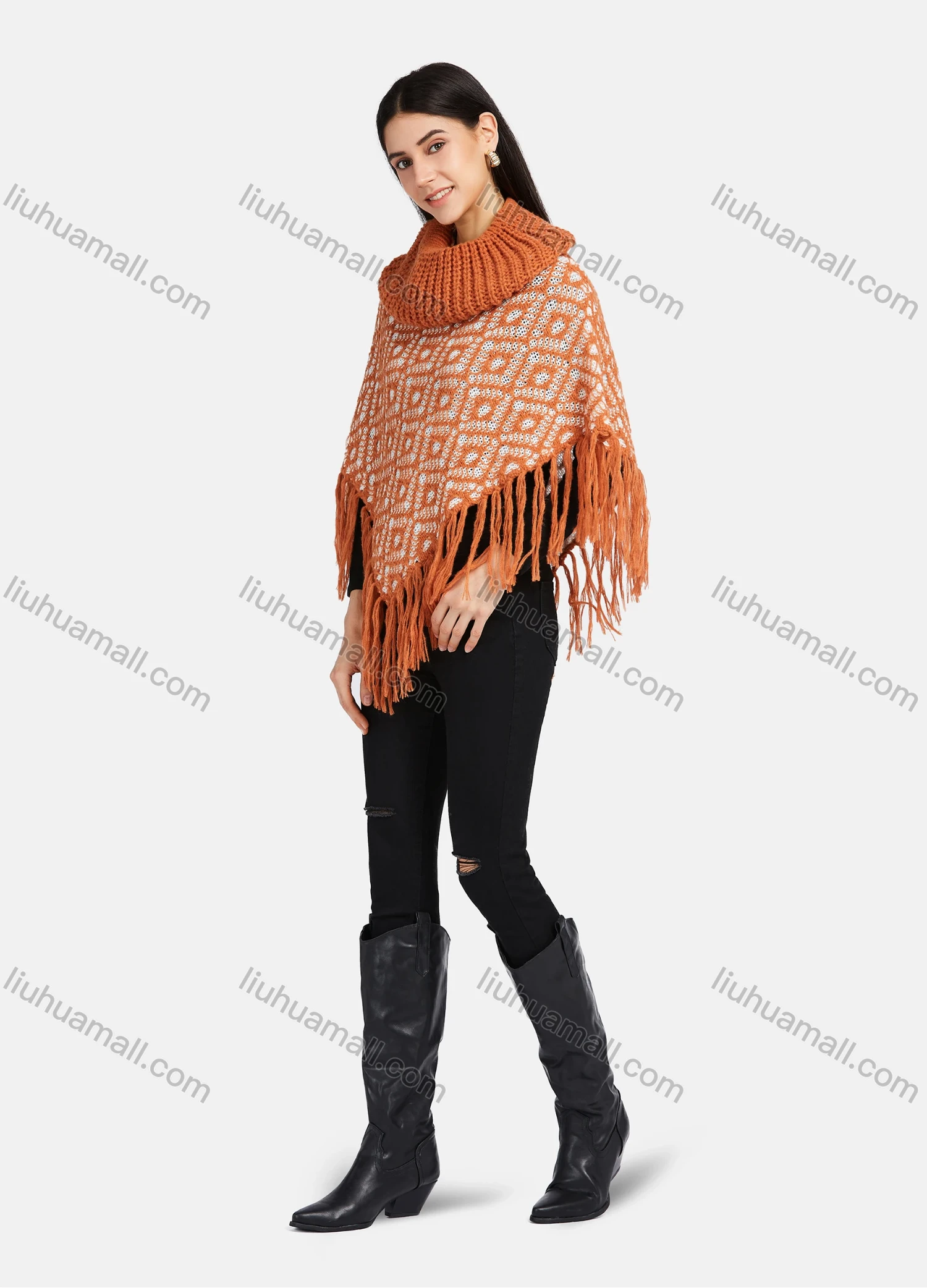 Wholesale Women's Round Neck Knitted Hollow Out Fringe Trim Bandana Hem Poncho 80067# - Liuhuamall
