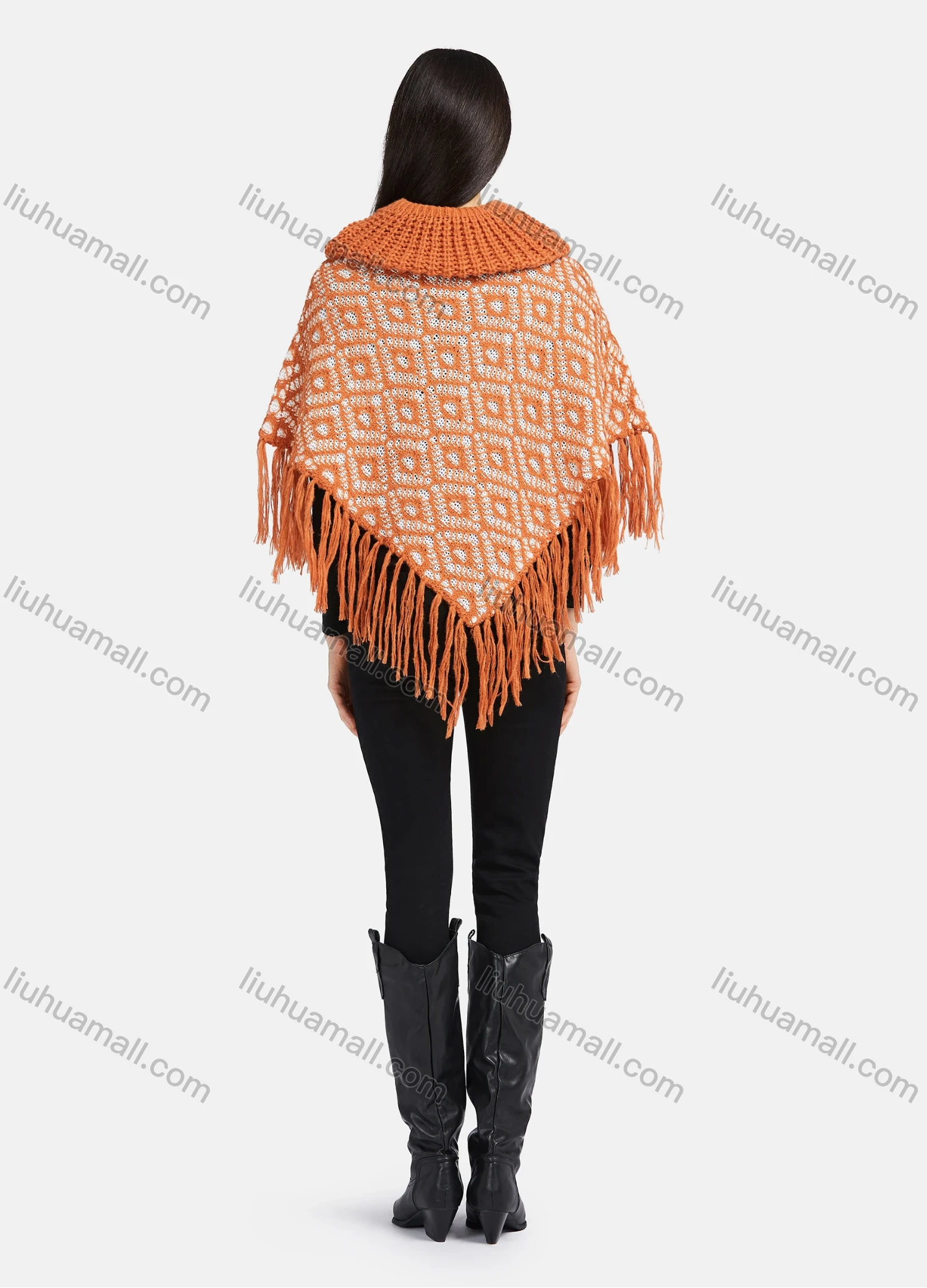 Wholesale Women's Round Neck Knitted Hollow Out Fringe Trim Bandana Hem Poncho 80067# - Liuhuamall
