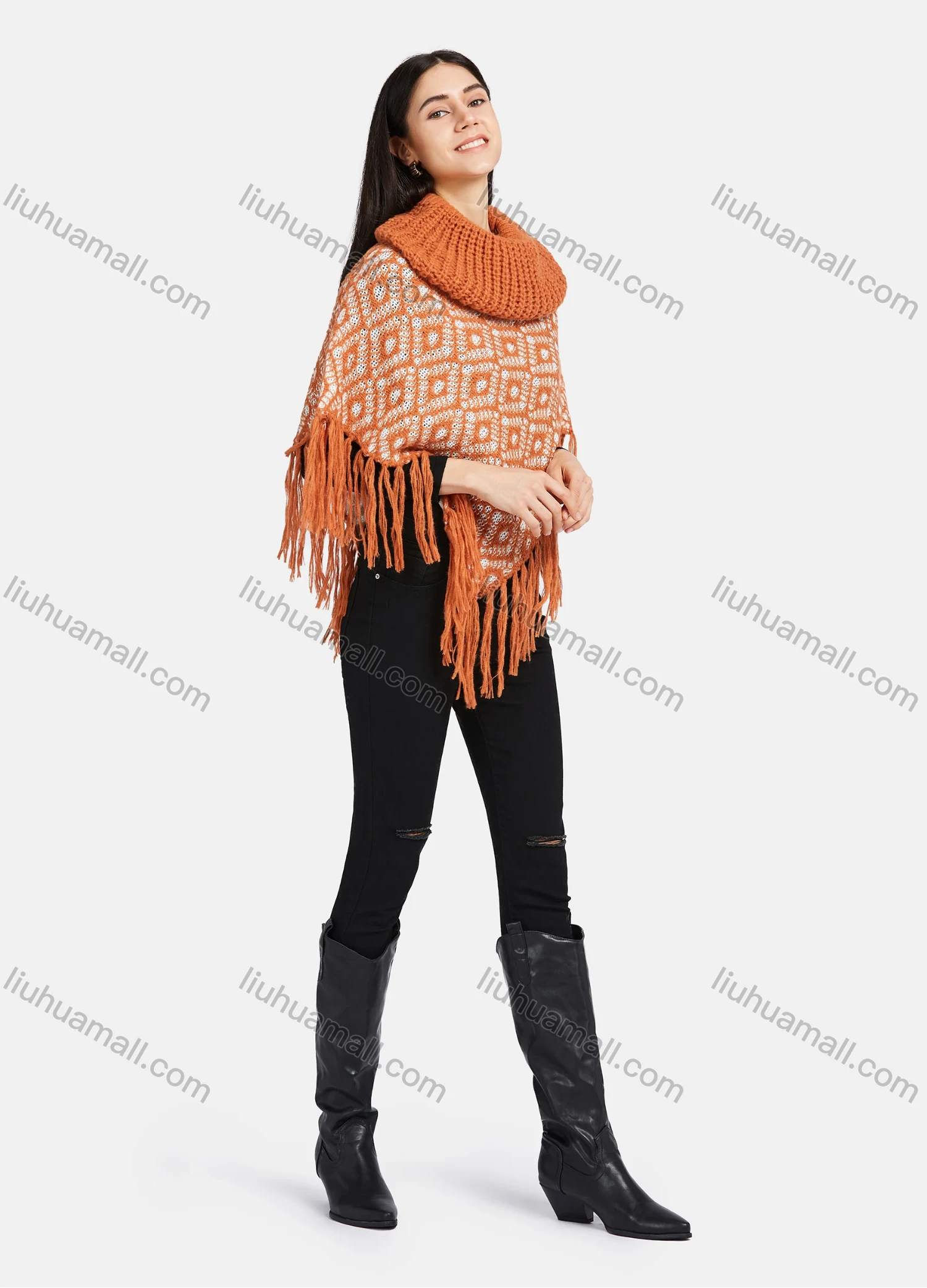 Wholesale Women's Round Neck Knitted Hollow Out Fringe Trim Bandana Hem Poncho 80067# - Liuhuamall