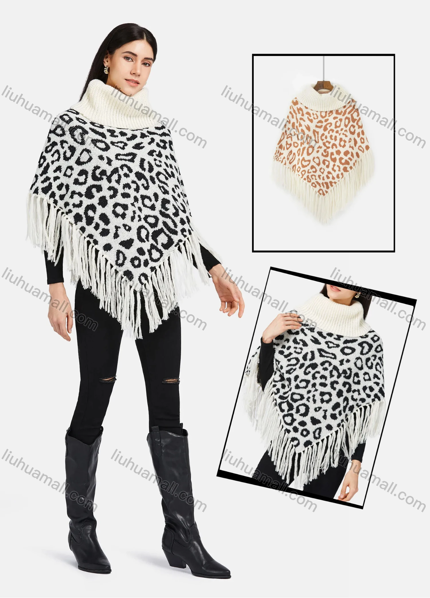 Wholesale Women's High Neck Knitted Leopard Print Fringe Trim Bandana Hem Poncho - Liuhuamall