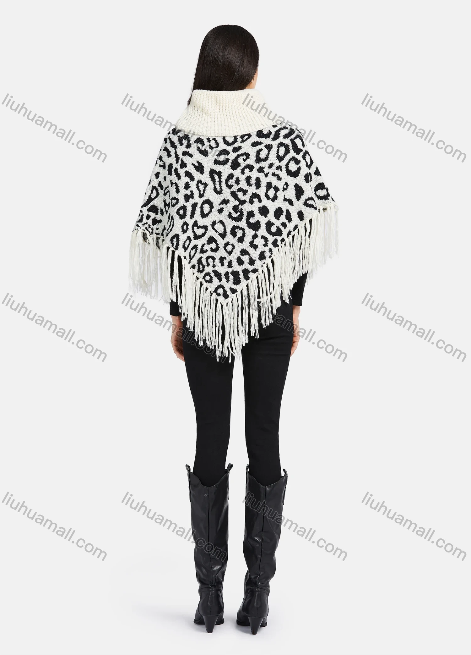 Wholesale Women's High Neck Knitted Leopard Print Fringe Trim Bandana Hem Poncho - Liuhuamall