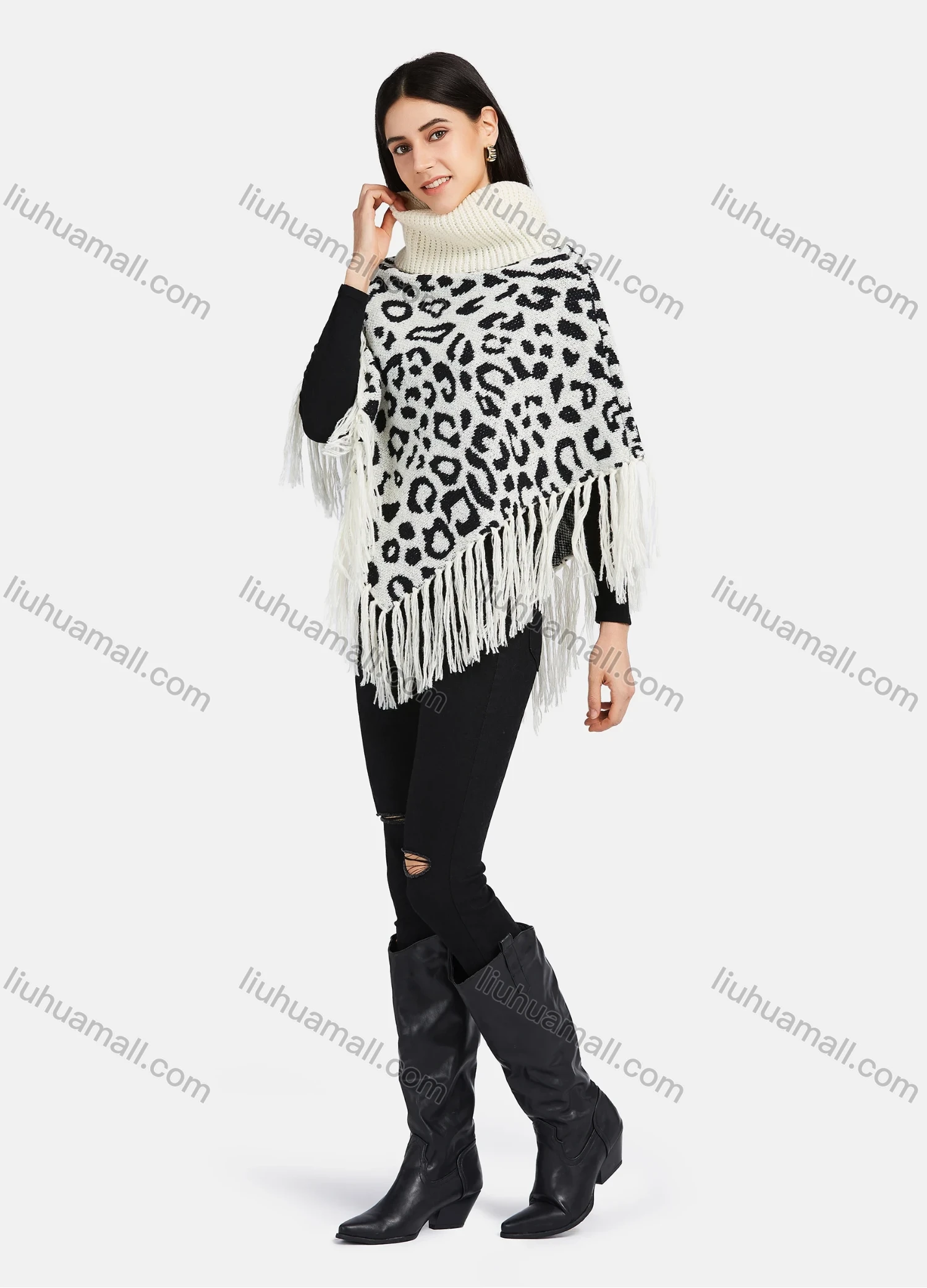 Wholesale Women's High Neck Knitted Leopard Print Fringe Trim Bandana Hem Poncho - Liuhuamall