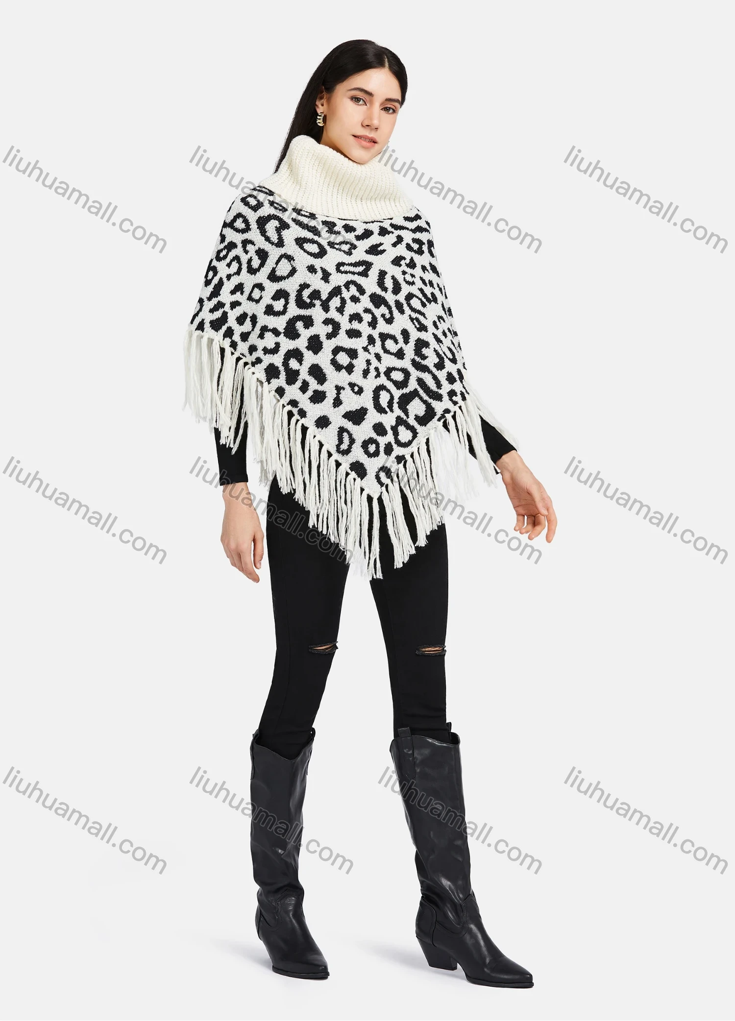 Wholesale Women's High Neck Knitted Leopard Print Fringe Trim Bandana Hem Poncho - Liuhuamall