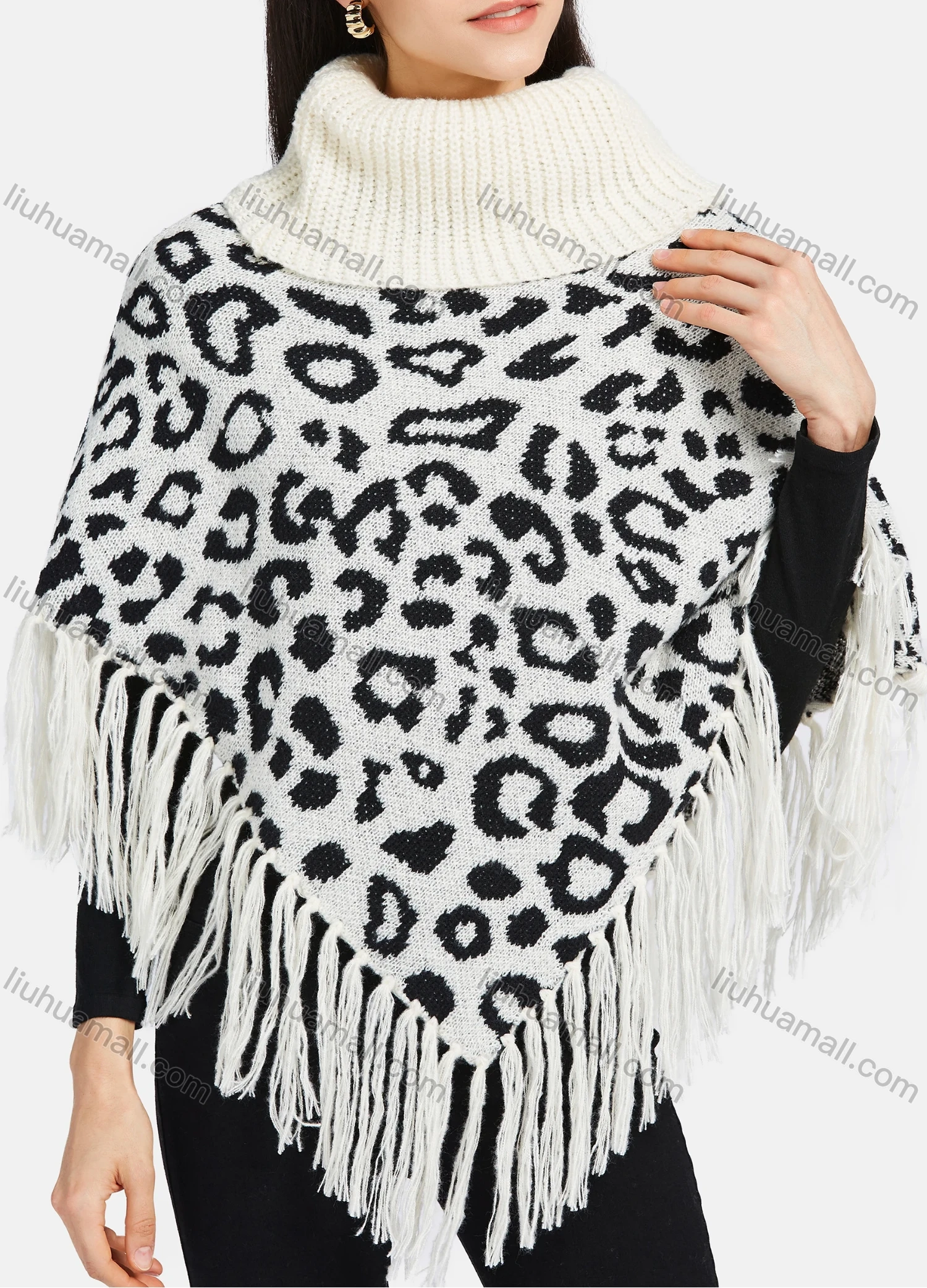 Wholesale Women's High Neck Knitted Leopard Print Fringe Trim Bandana Hem Poncho - Liuhuamall