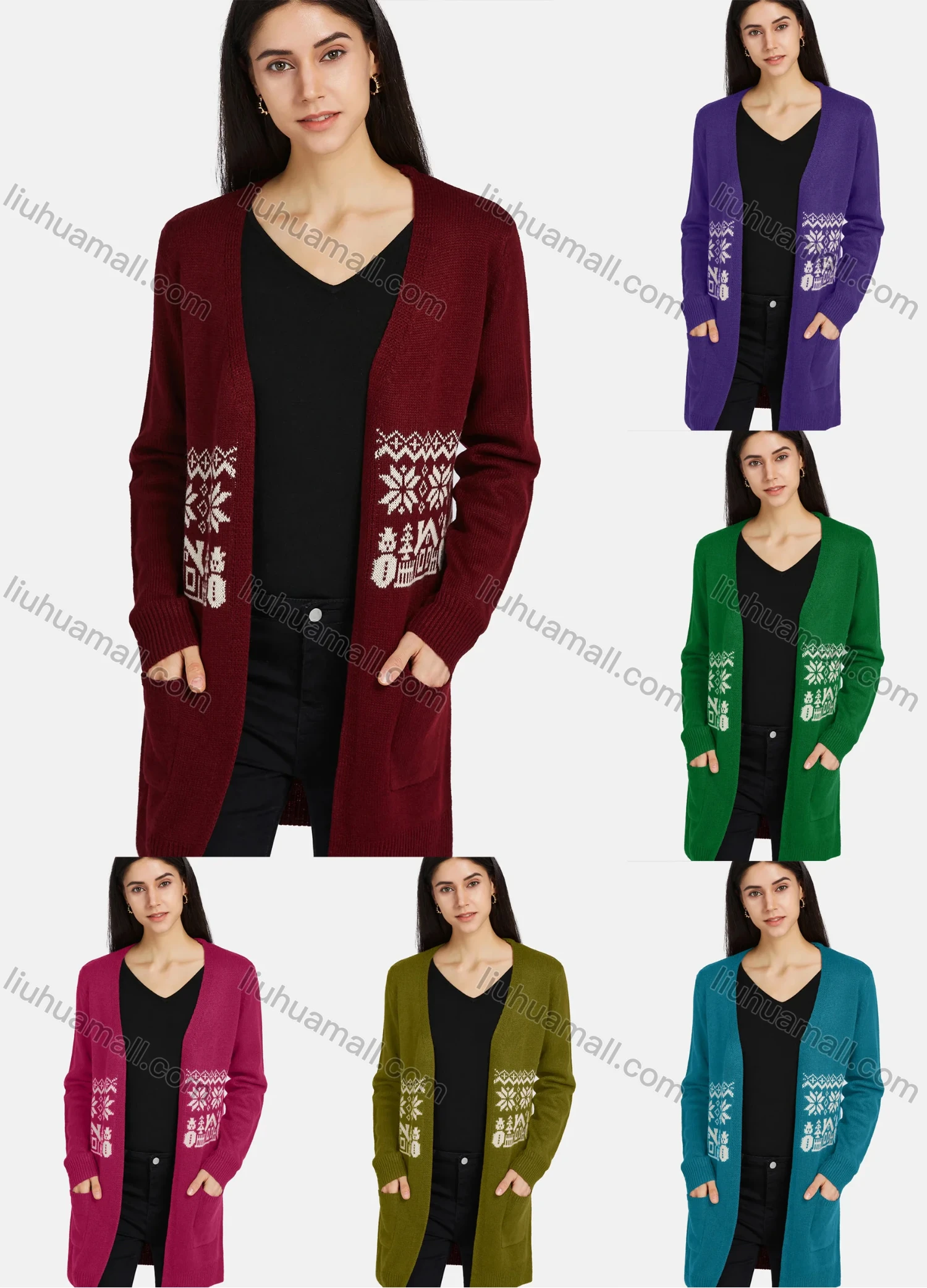 Wholesale Women's Casual Long Sleeve Open Front Snow Print Long Knit Cardigan - Liuhuamall