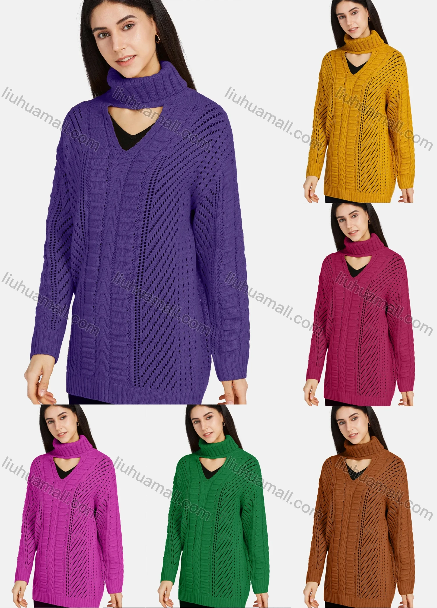 Wholesale Women's Casual Turtleneck Long Sleeve Cutout Chest Plain Knit Sweater - Liuhuamall