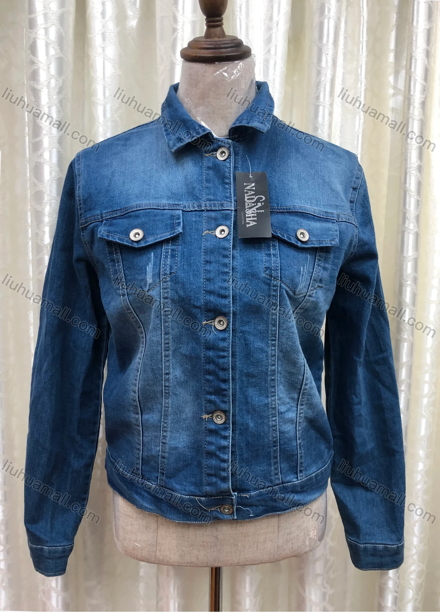 Wholesale Women's Collared Distressed Long Sleeve Button Down Flap Pockets Casual Denim Jacket - Liuhuamall