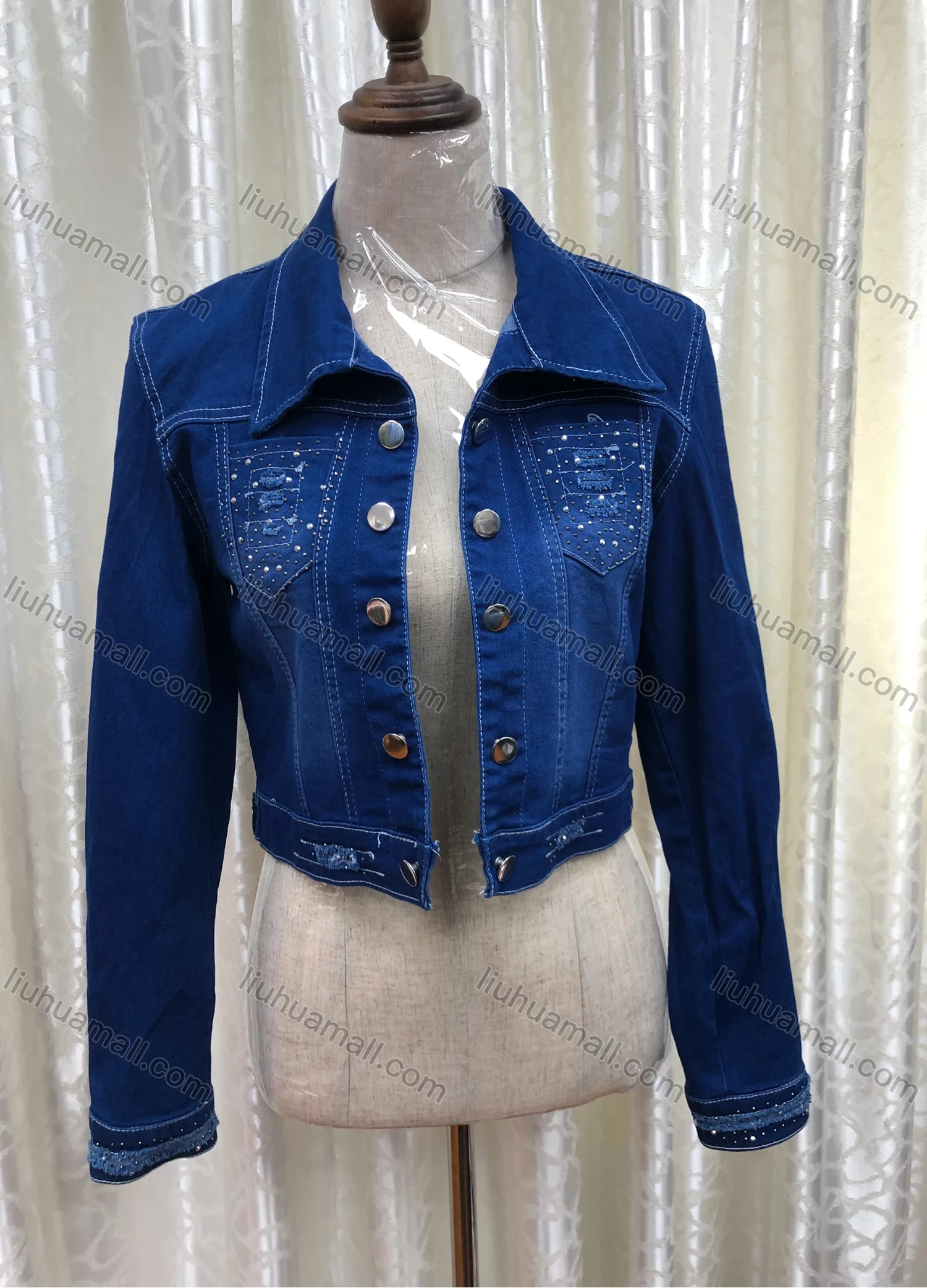 Wholesale Women's Casual Collared Long Sleeve Button Down Rhinestone Patch Pockets Denim Shirt - Liuhuamall