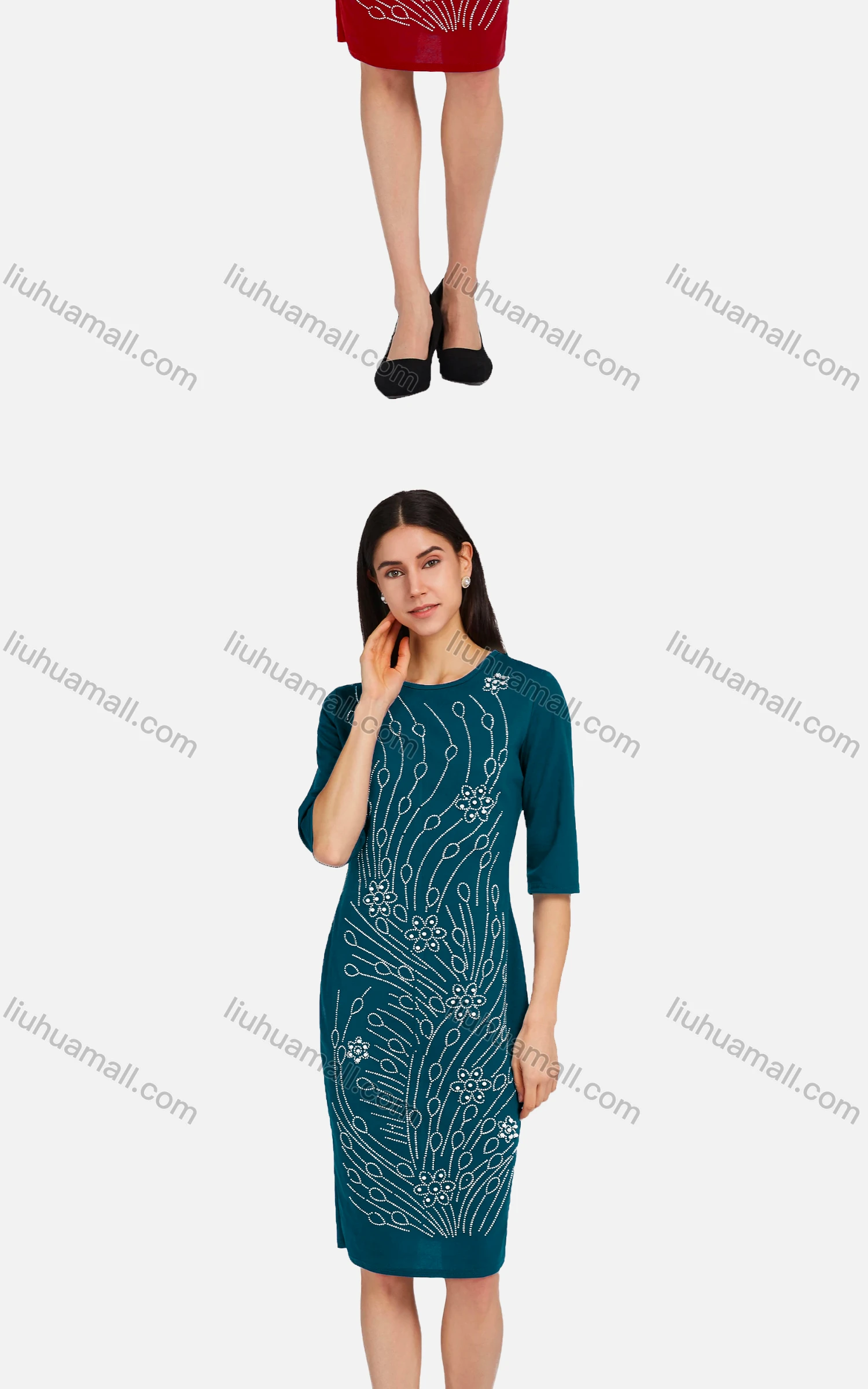 Wholesale Women's Elegant Round Neck Half Sleeve Rhinestone Pearl Applique Slim Fit Knee Length Dress 2166-723367# - Liuhuamall