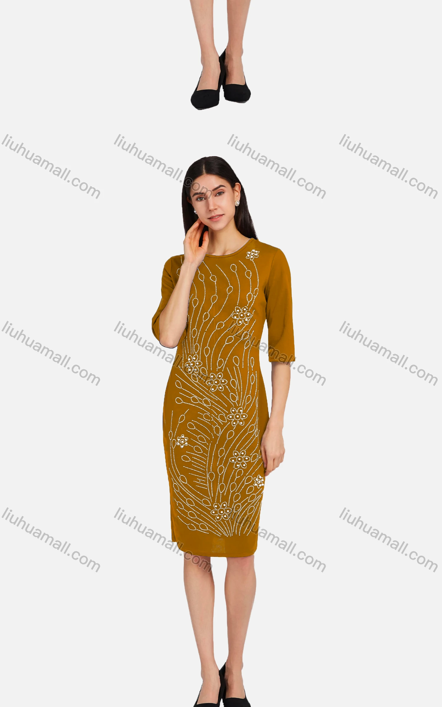 Wholesale Women's Elegant Round Neck Half Sleeve Rhinestone Pearl Applique Slim Fit Knee Length Dress 2166-723367# - Liuhuamall