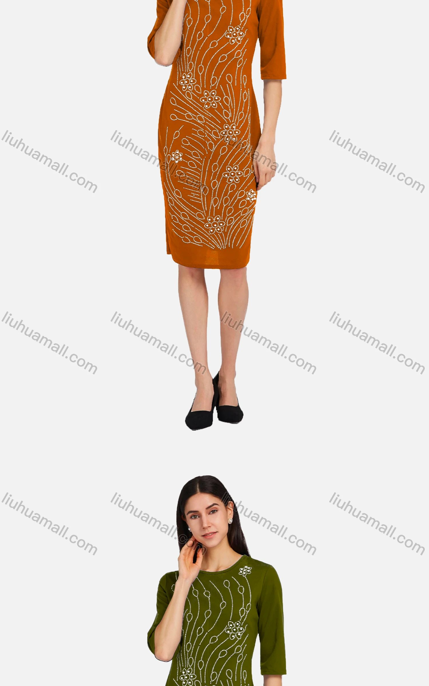 Wholesale Women's Elegant Round Neck Half Sleeve Rhinestone Pearl Applique Slim Fit Knee Length Dress 2166-723367# - Liuhuamall