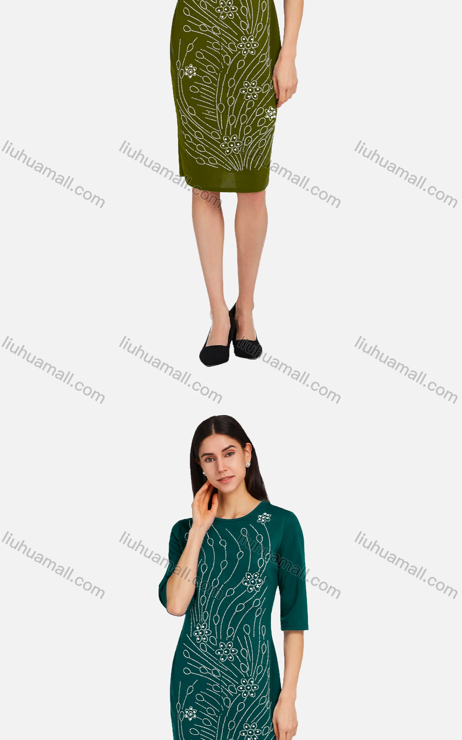 Wholesale Women's Elegant Round Neck Half Sleeve Rhinestone Pearl Applique Slim Fit Knee Length Dress 2166-723367# - Liuhuamall