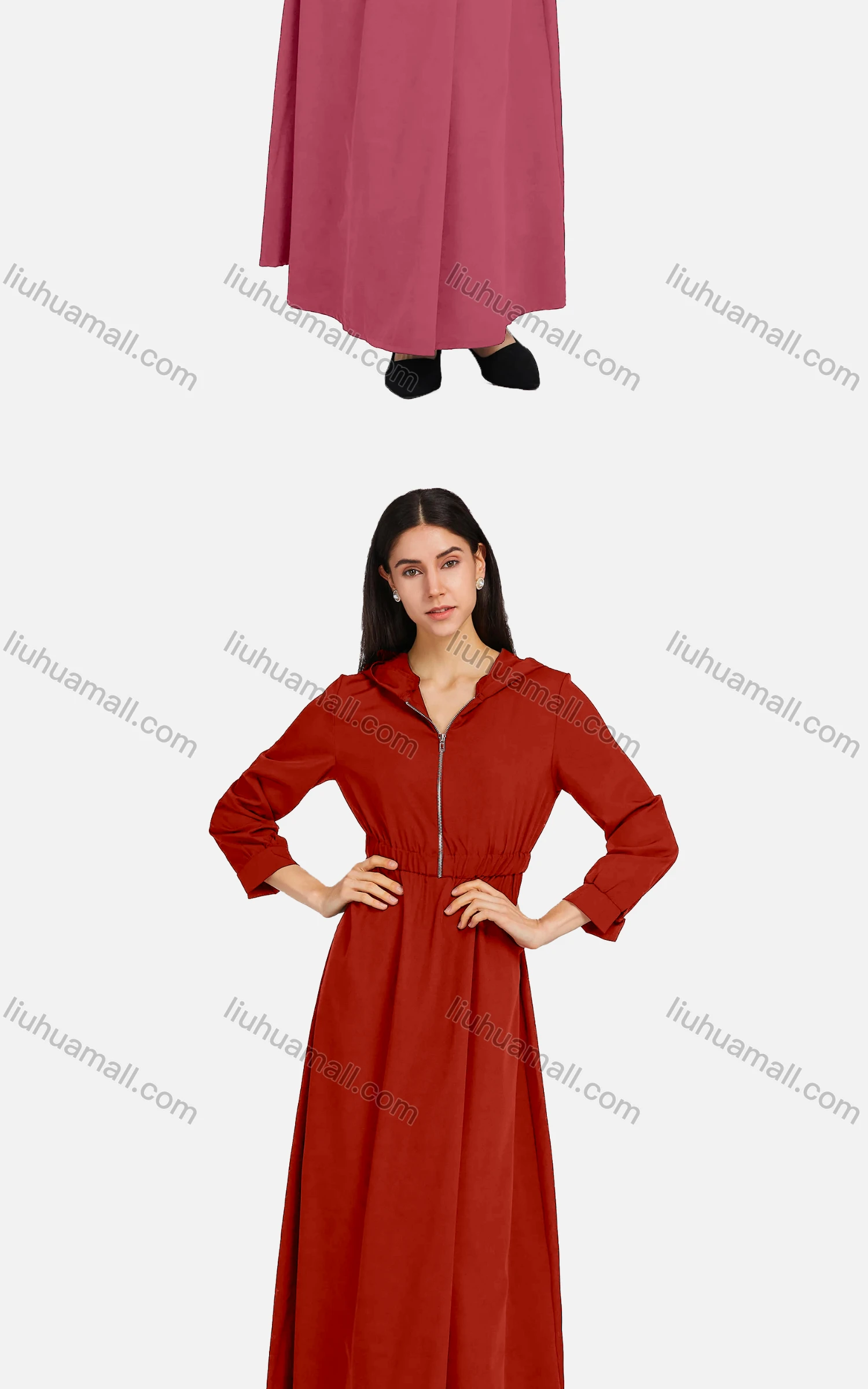 Wholesale Women's Casual Long Sleeve Zipper Elastic Waist Hooded Plain Maxi Dress 2166-754162# - Liuhuamall