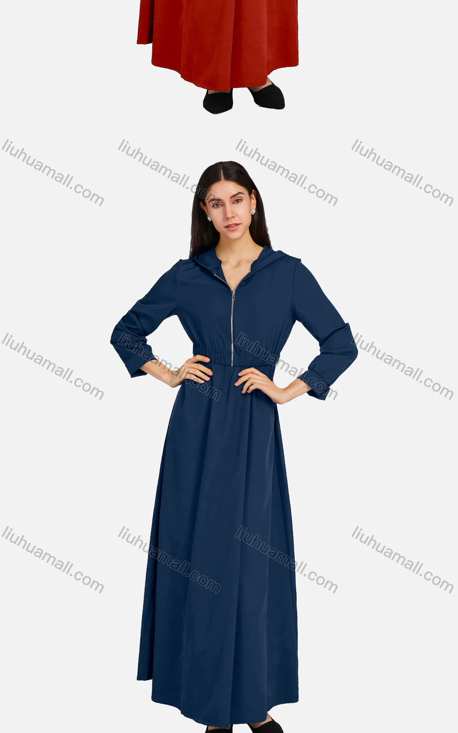 Wholesale Women's Casual Long Sleeve Zipper Elastic Waist Hooded Plain Maxi Dress 2166-754162# - Liuhuamall