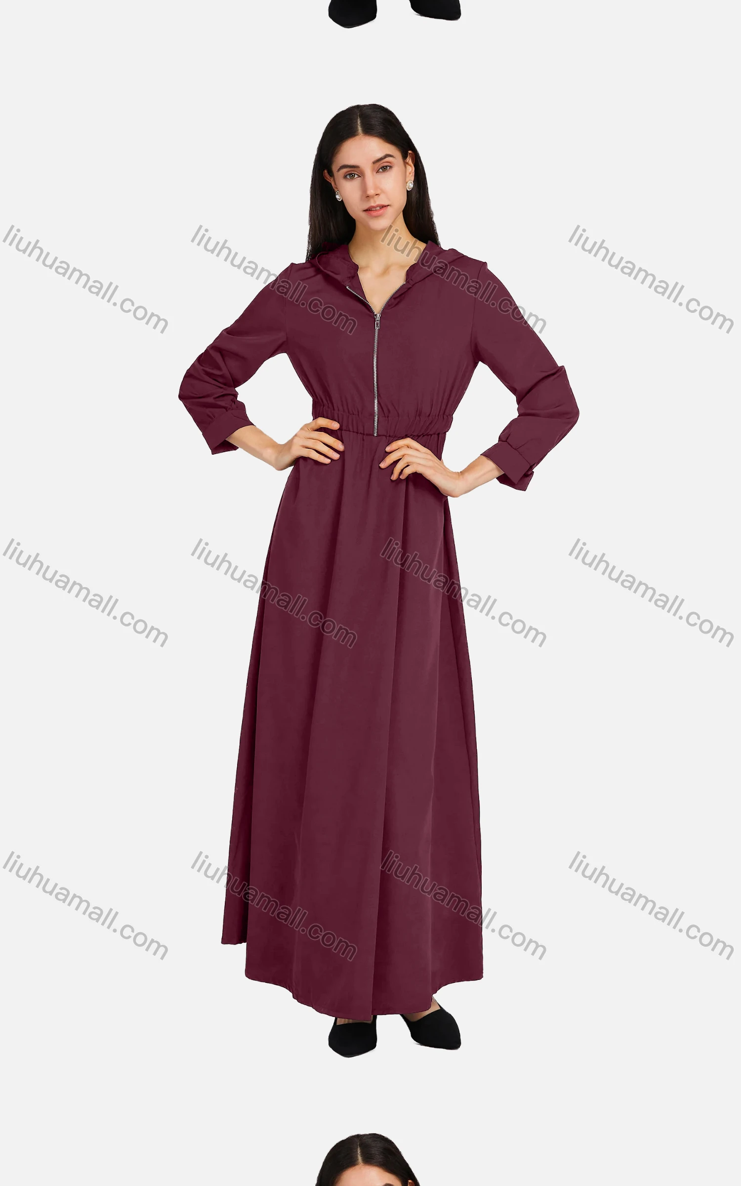 Wholesale Women's Casual Long Sleeve Zipper Elastic Waist Hooded Plain Maxi Dress 2166-754162# - Liuhuamall