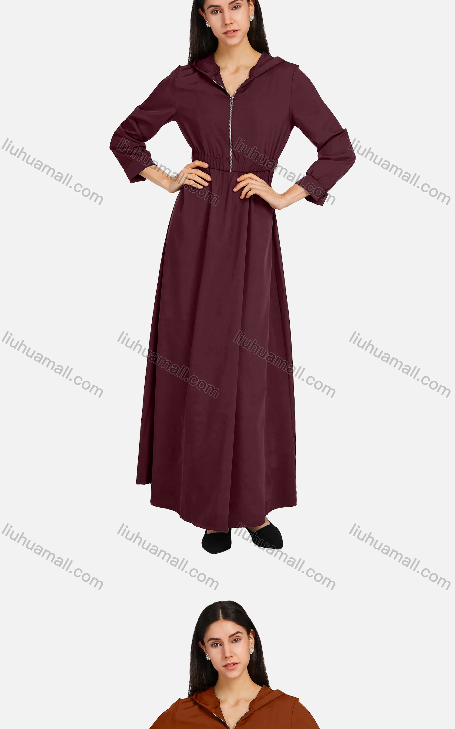 Wholesale Women's Casual Long Sleeve Zipper Elastic Waist Hooded Plain Maxi Dress 2166-754162# - Liuhuamall