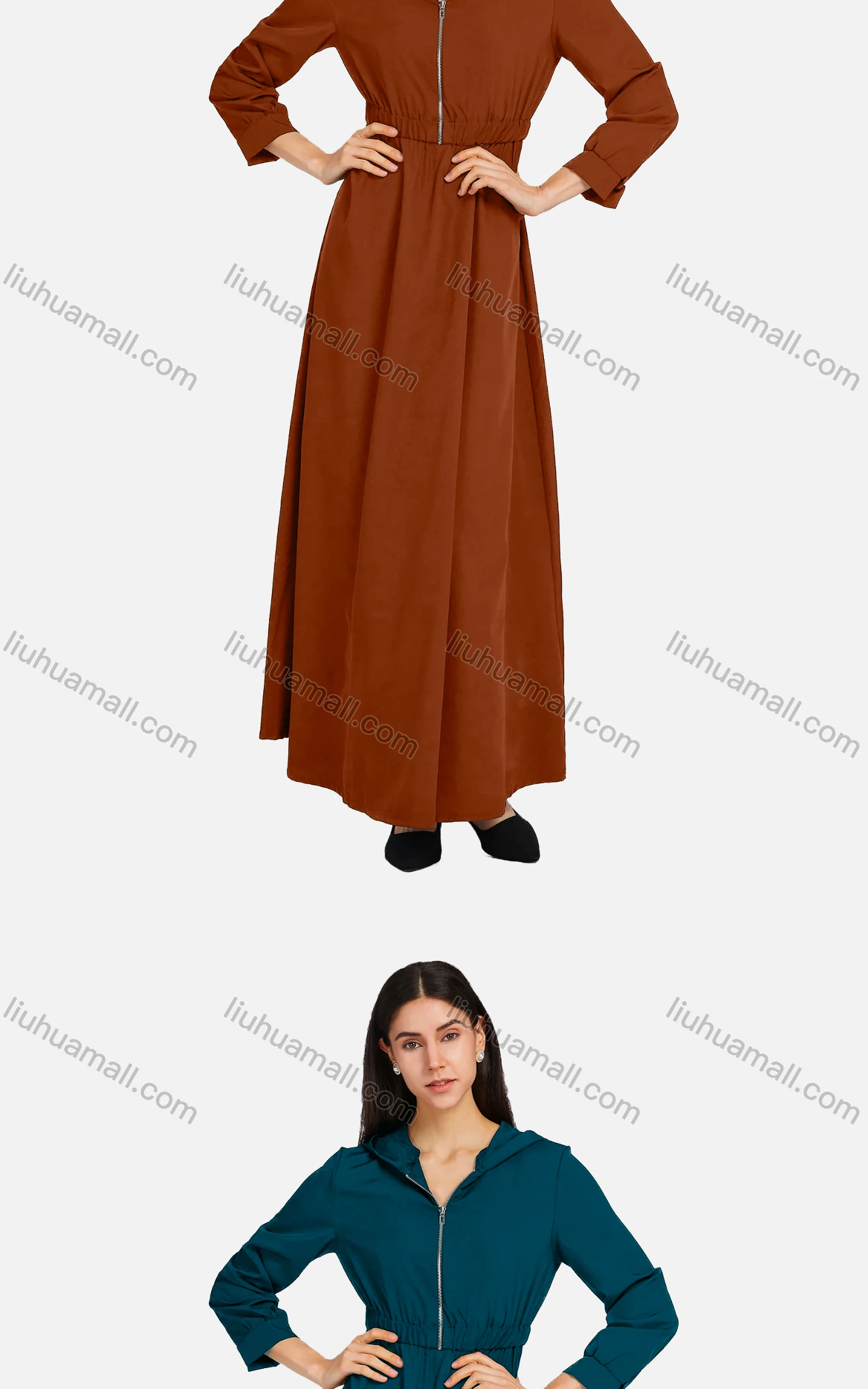 Wholesale Women's Casual Long Sleeve Zipper Elastic Waist Hooded Plain Maxi Dress 2166-754162# - Liuhuamall