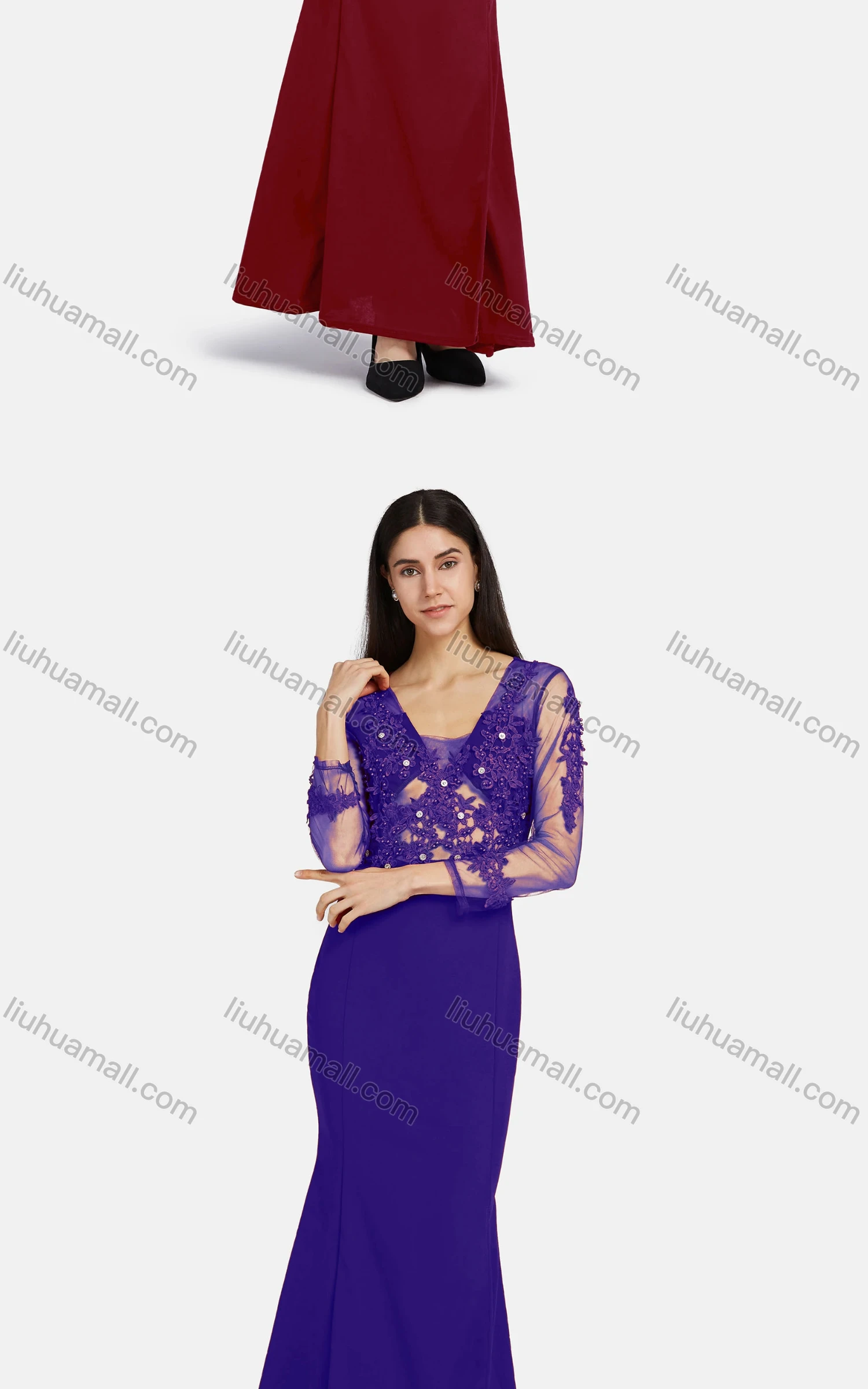 Wholesale Women's Elegant Long Sleeve Sheer Mesh Embroidery Mermaid Hem Ballgown - Liuhuamall