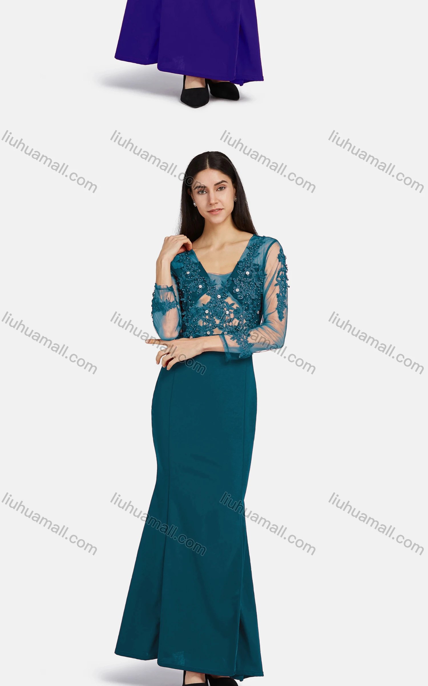 Wholesale Women's Elegant Long Sleeve Sheer Mesh Embroidery Mermaid Hem Ballgown - Liuhuamall