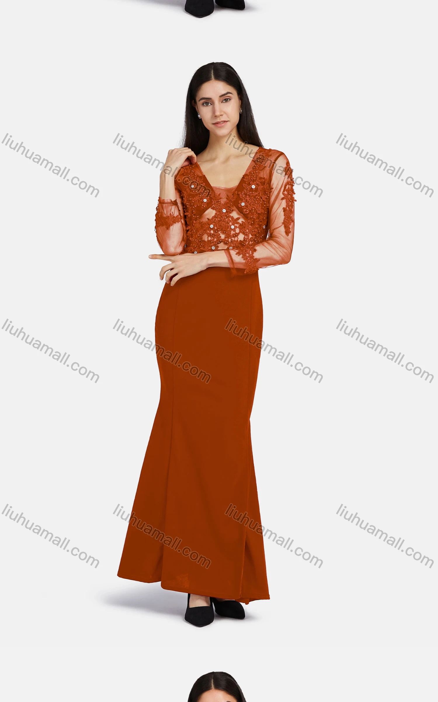 Wholesale Women's Elegant Long Sleeve Sheer Mesh Embroidery Mermaid Hem Ballgown - Liuhuamall