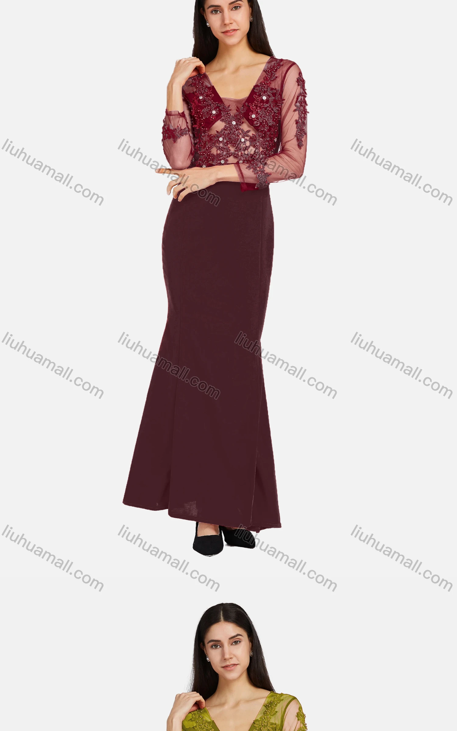 Wholesale Women's Elegant Long Sleeve Sheer Mesh Embroidery Mermaid Hem Ballgown - Liuhuamall