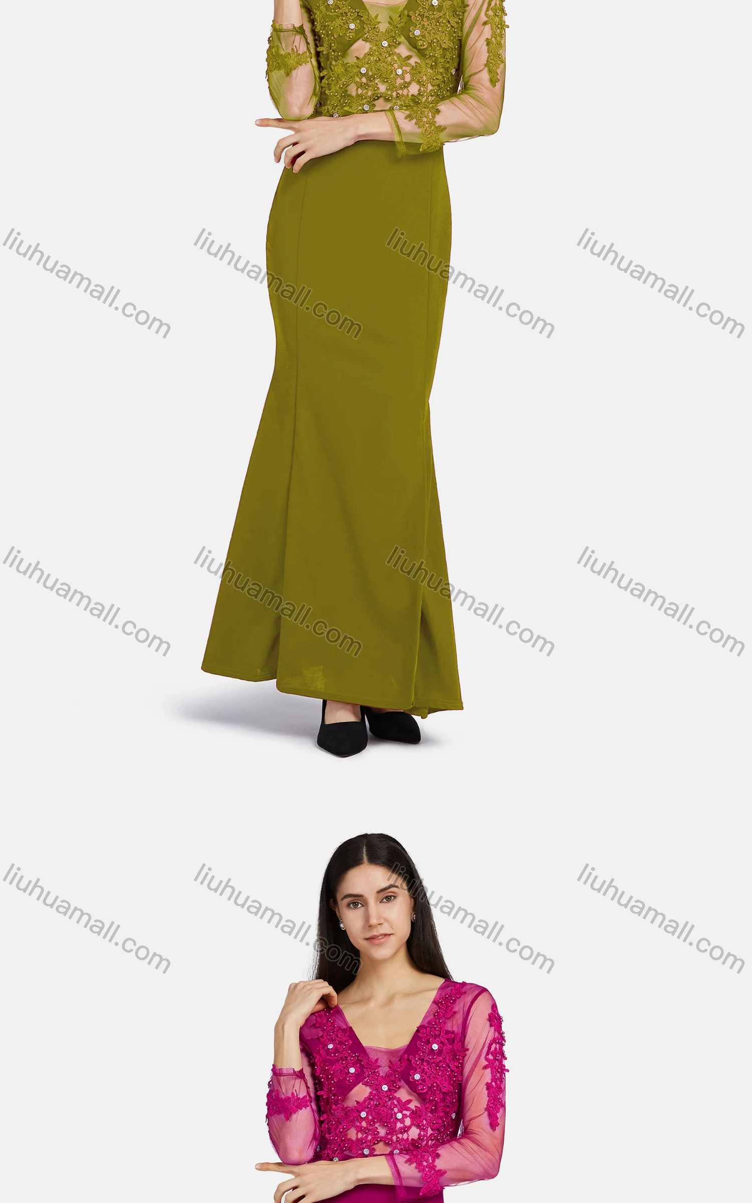 Wholesale Women's Elegant Long Sleeve Sheer Mesh Embroidery Mermaid Hem Ballgown - Liuhuamall