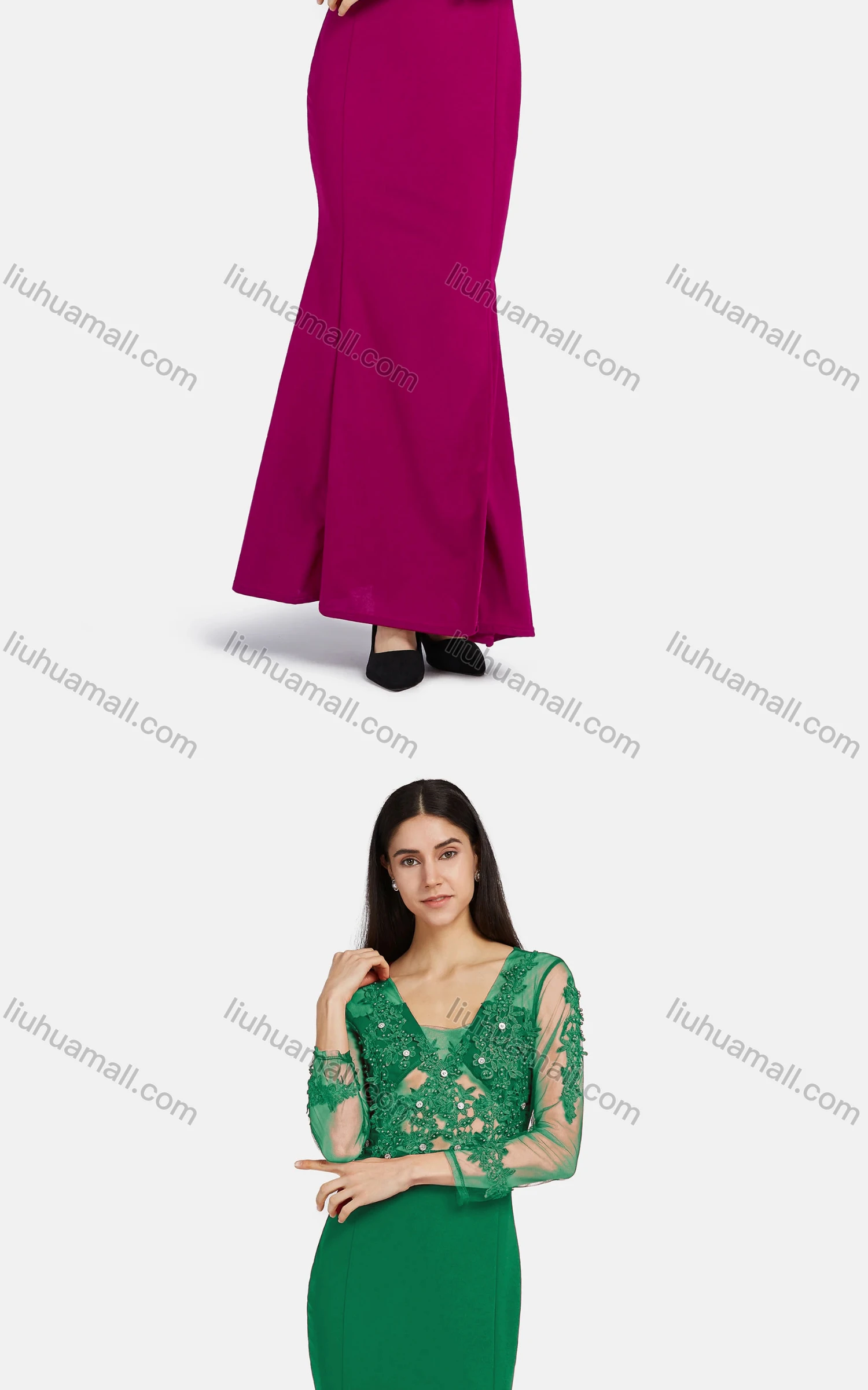 Wholesale Women's Elegant Long Sleeve Sheer Mesh Embroidery Mermaid Hem Ballgown - Liuhuamall