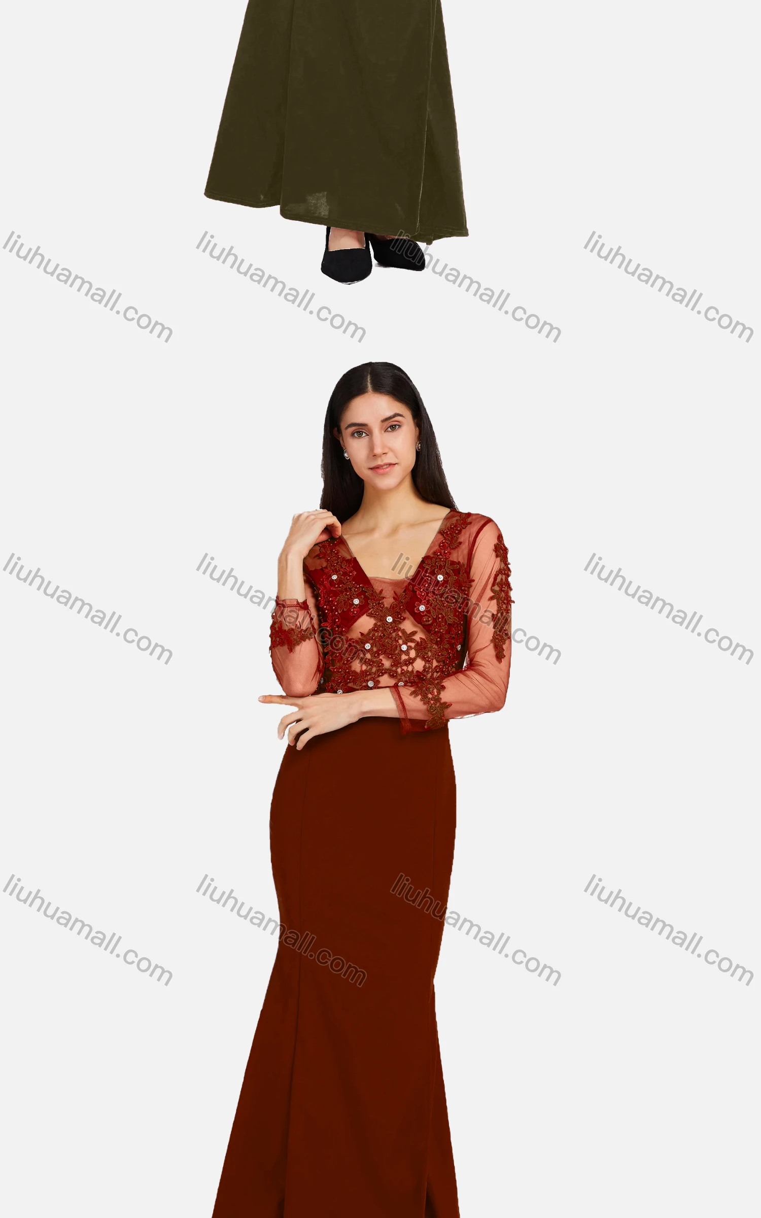 Wholesale Women's Elegant Long Sleeve Sheer Mesh Embroidery Mermaid Hem Ballgown - Liuhuamall