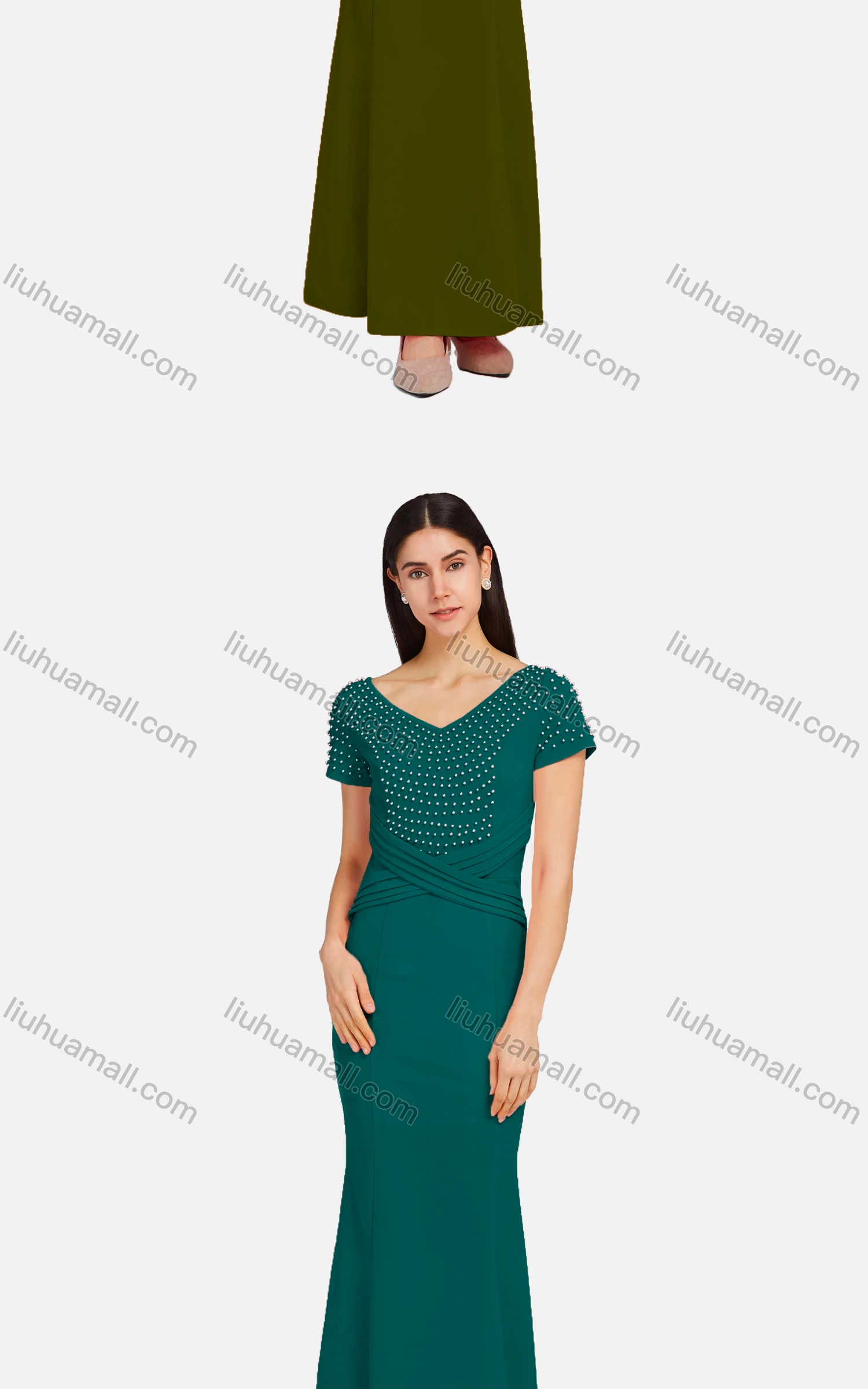 Wholesale Women's Elegant V Neck Short Sleeve Wrap Front Pearl Decor Mermaid Hem Ballgown - Liuhuamall