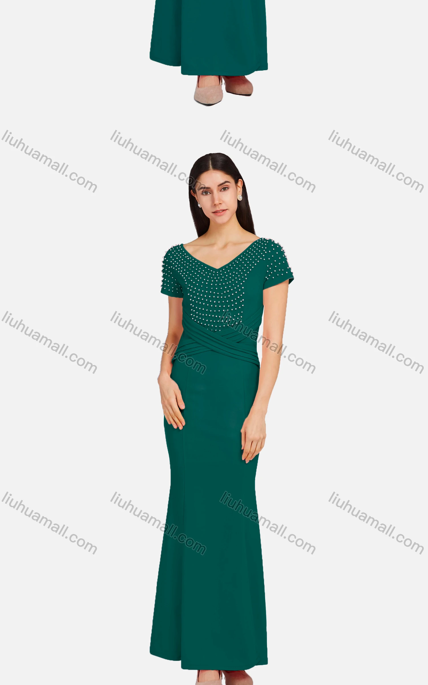 Wholesale Women's Elegant V Neck Short Sleeve Wrap Front Pearl Decor Mermaid Hem Ballgown - Liuhuamall