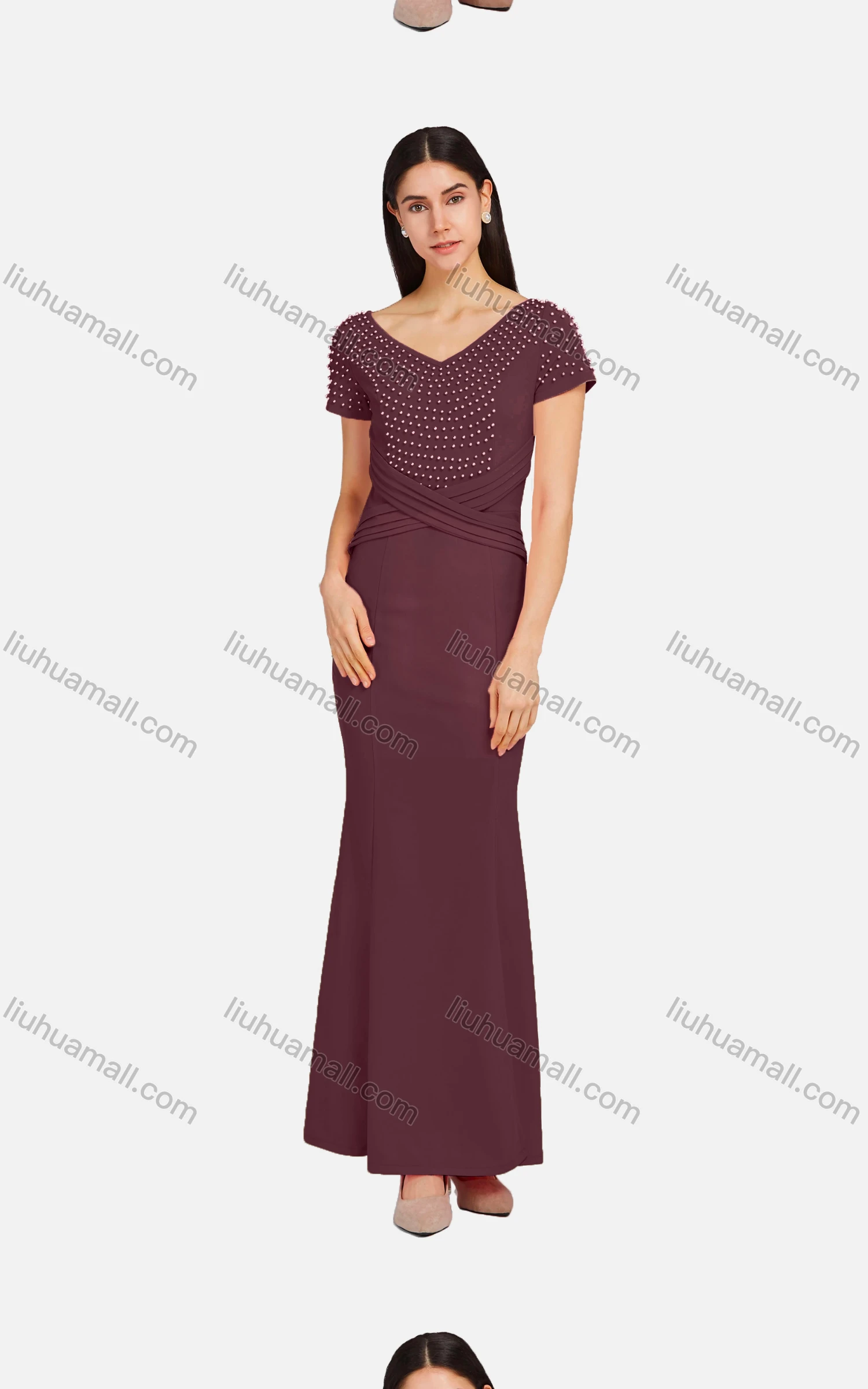 Wholesale Women's Elegant V Neck Short Sleeve Wrap Front Pearl Decor Mermaid Hem Ballgown - Liuhuamall