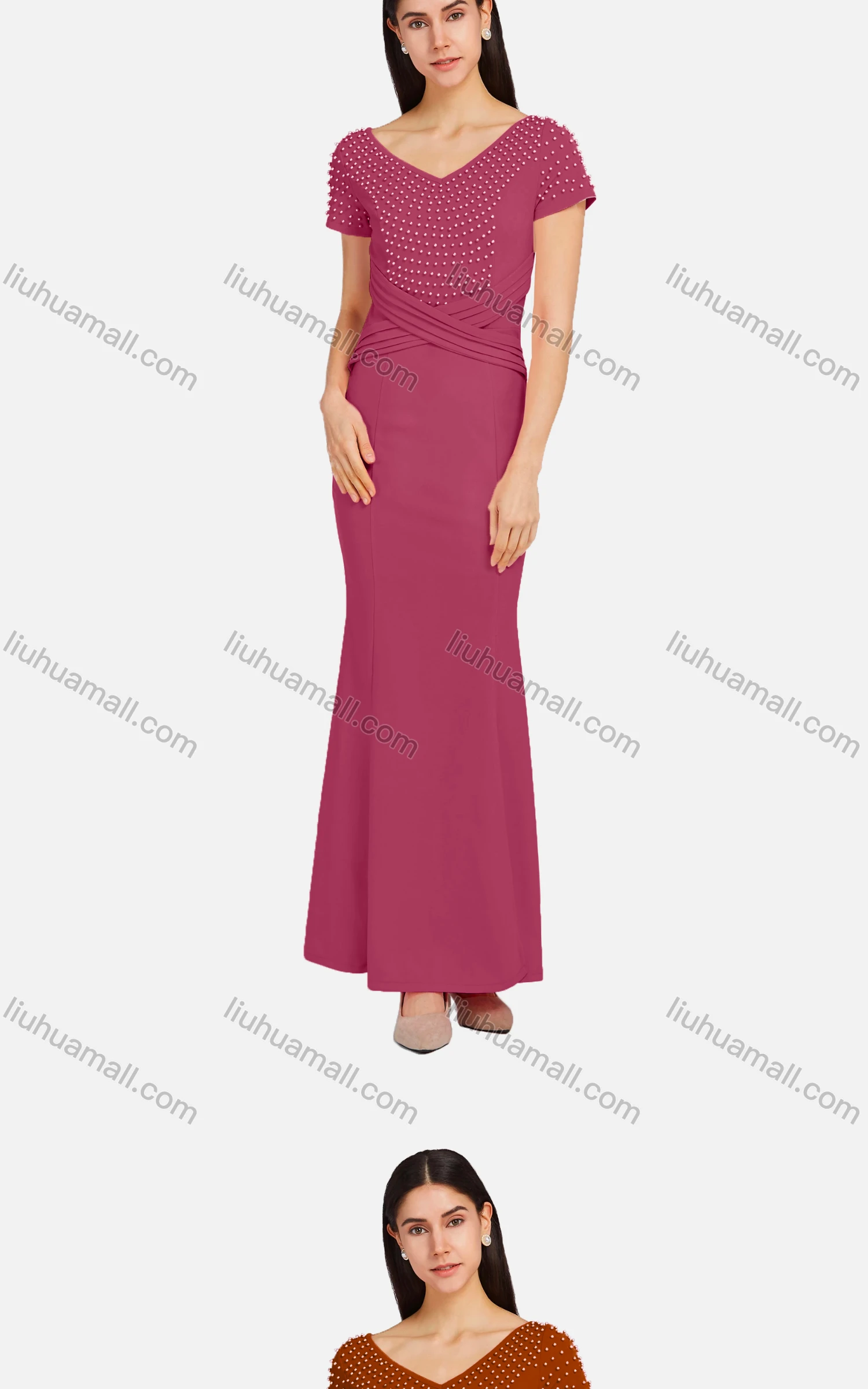 Wholesale Women's Elegant V Neck Short Sleeve Wrap Front Pearl Decor Mermaid Hem Ballgown - Liuhuamall