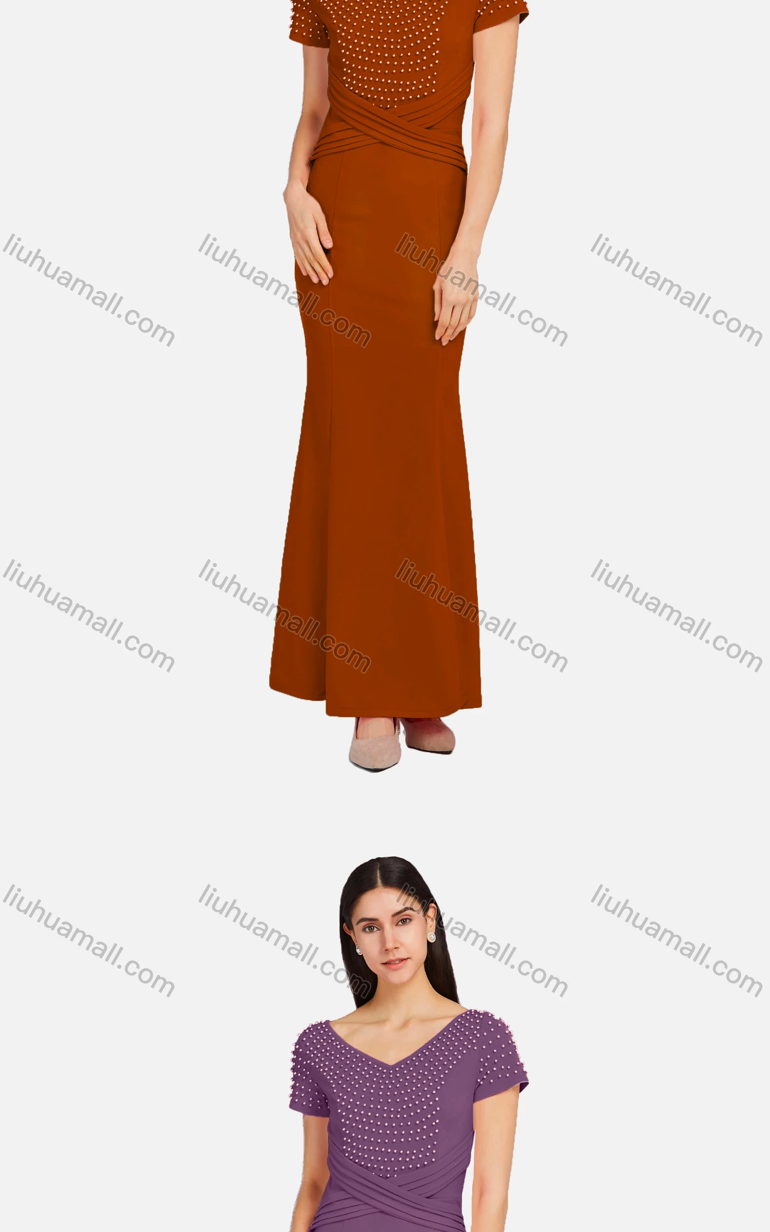 Wholesale Women's Elegant V Neck Short Sleeve Wrap Front Pearl Decor Mermaid Hem Ballgown - Liuhuamall