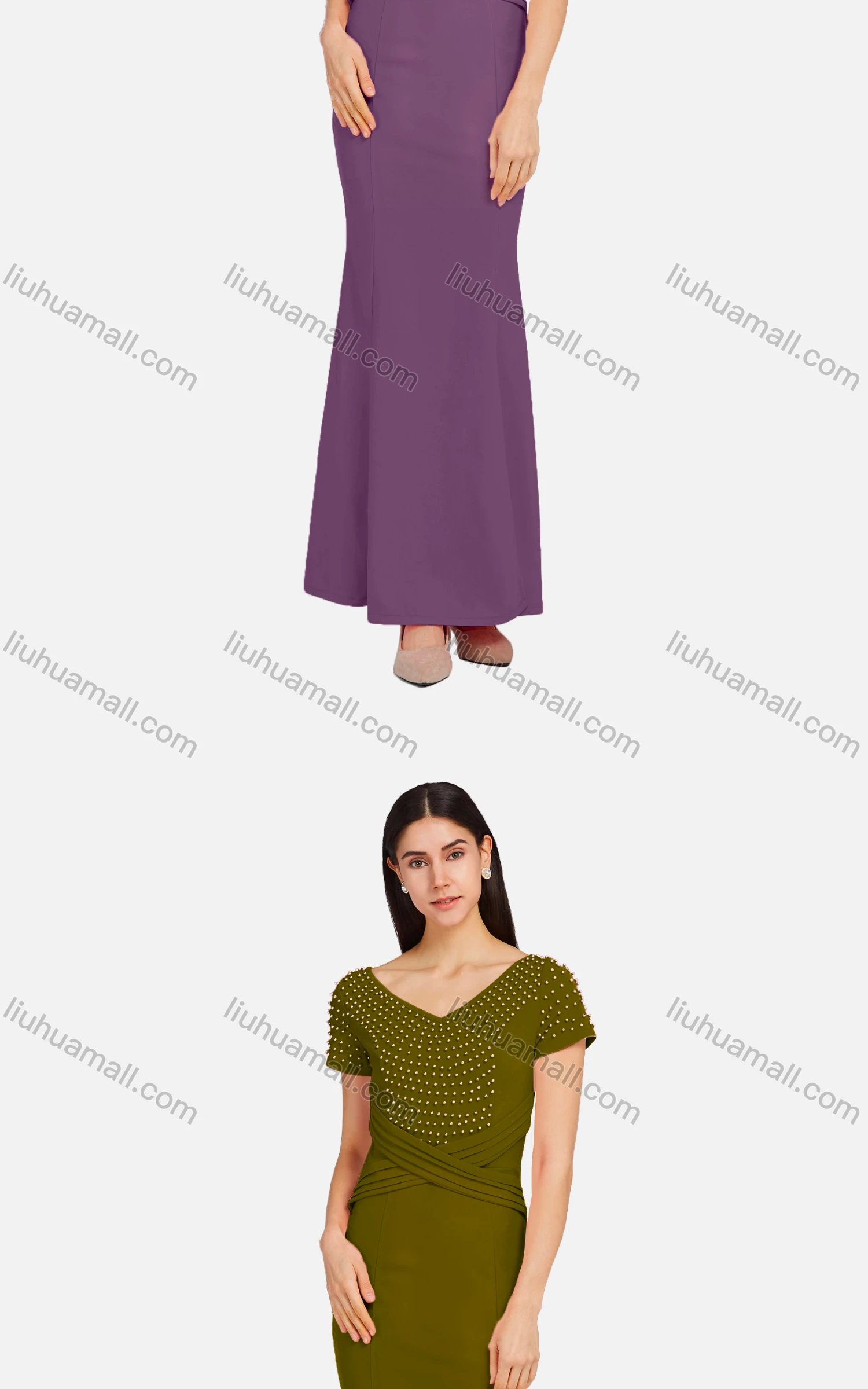 Wholesale Women's Elegant V Neck Short Sleeve Wrap Front Pearl Decor Mermaid Hem Ballgown - Liuhuamall