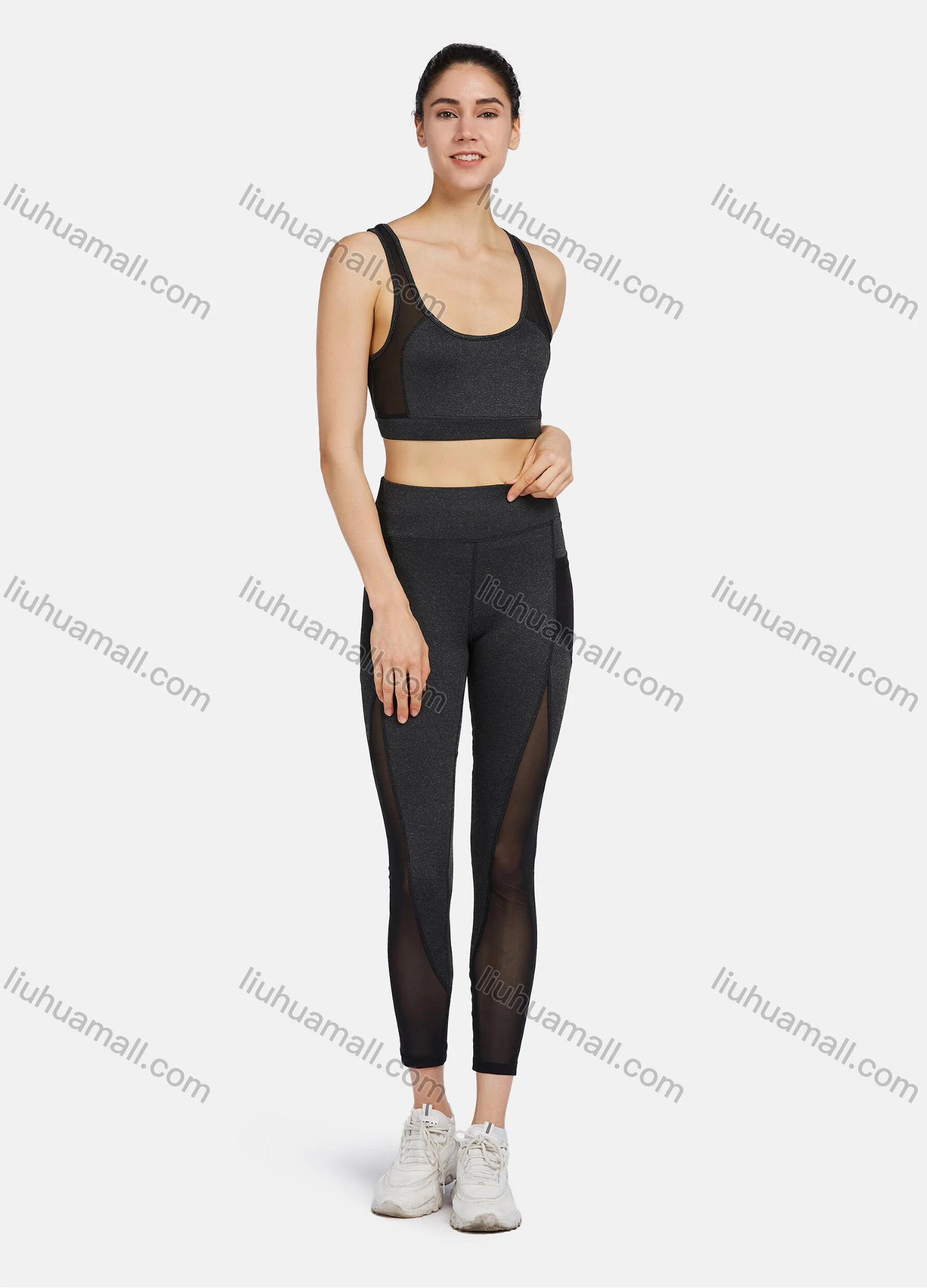 Wholesale Women's Sporty Racerback Tank Top&Sheer Mesh High Stretchy Leggings 2 Piece Sets 9958# - Liuhuamall
