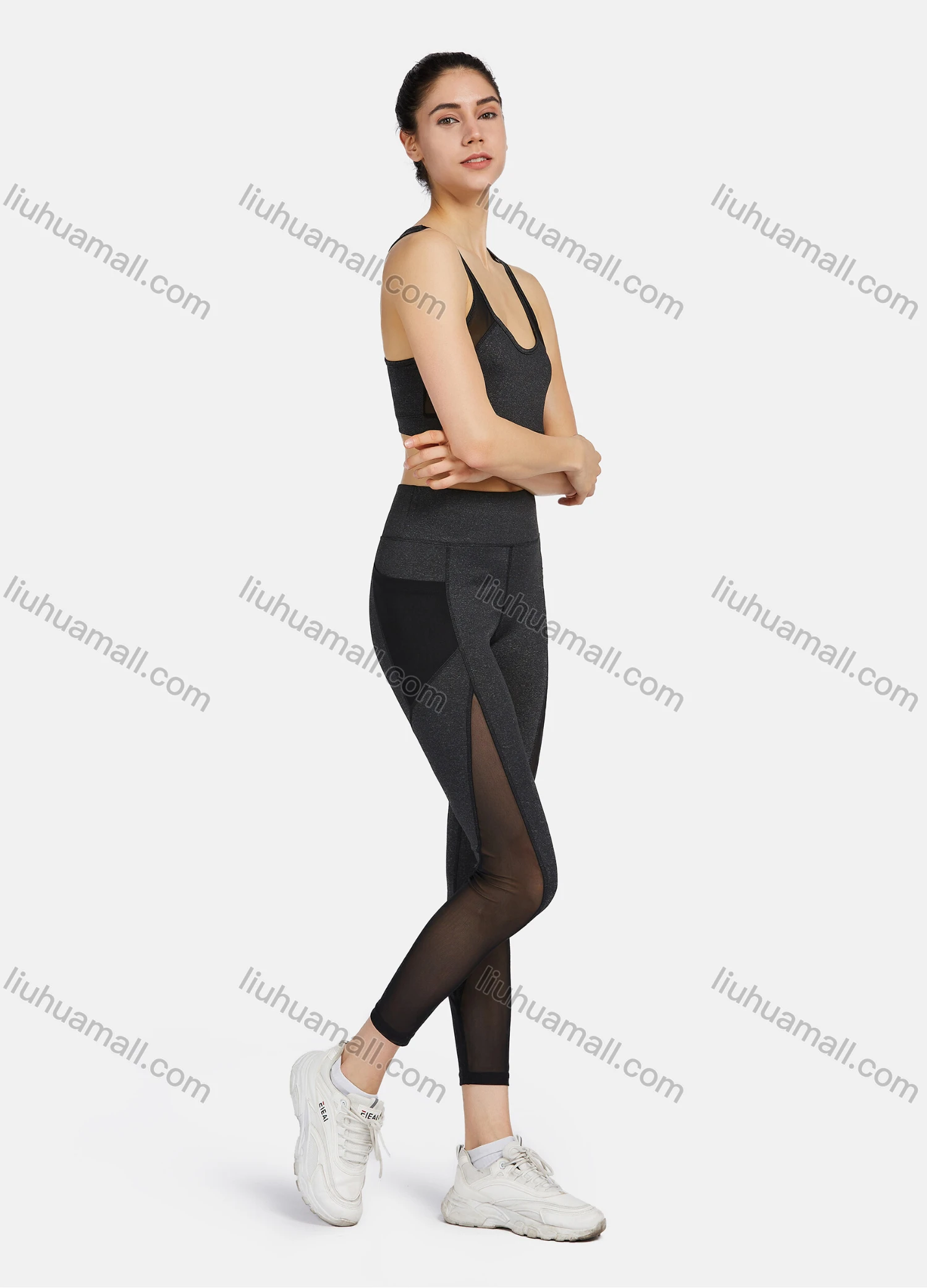 Wholesale Women's Sporty Racerback Tank Top&Sheer Mesh High Stretchy Leggings 2 Piece Sets 9958# - Liuhuamall