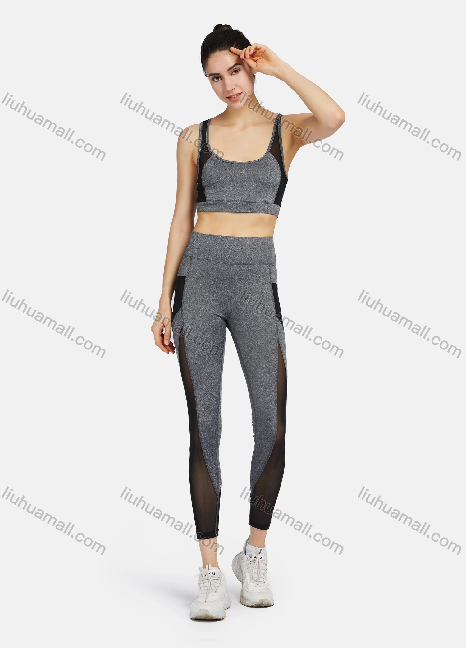 Wholesale Women's Sporty Racerback Tank Top&Sheer Mesh High Stretchy Leggings 2 Piece Sets 9958# - Liuhuamall