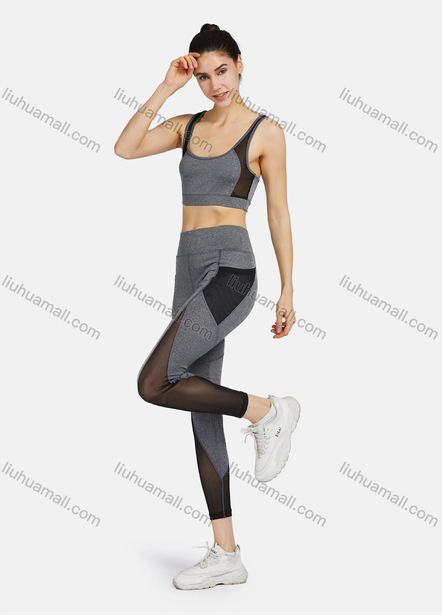 Wholesale Women's Sporty Racerback Tank Top&Sheer Mesh High Stretchy Leggings 2 Piece Sets 9958# - Liuhuamall